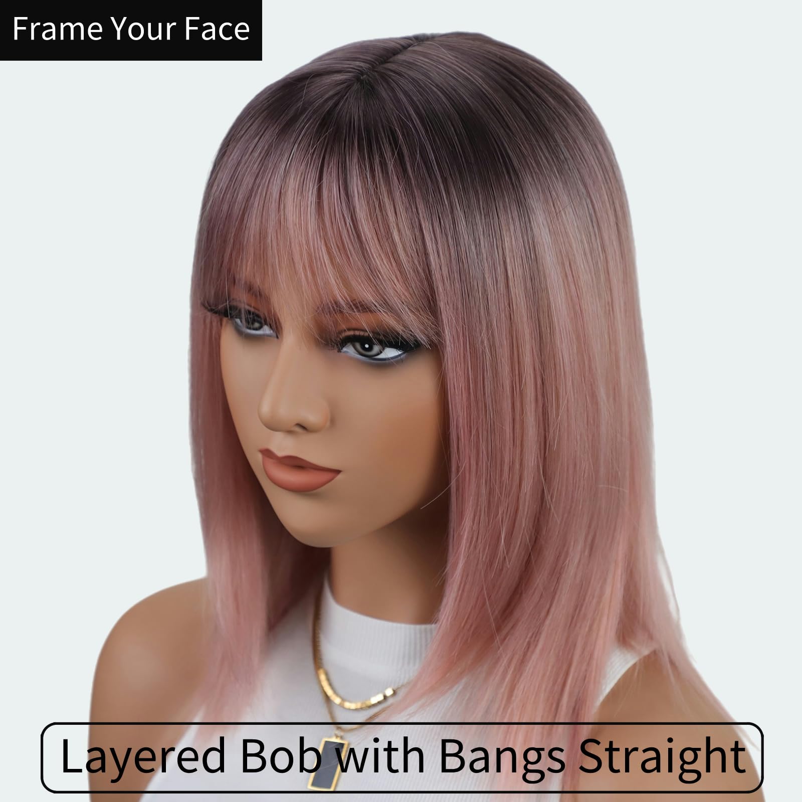 RENERSHOW Ombre Pink Layered Mid-Length Bob Wig with Bangs - Straight Synthetic Hairpiece for Women | Cosplay, Halloween, Costume Party, Daily Fashion