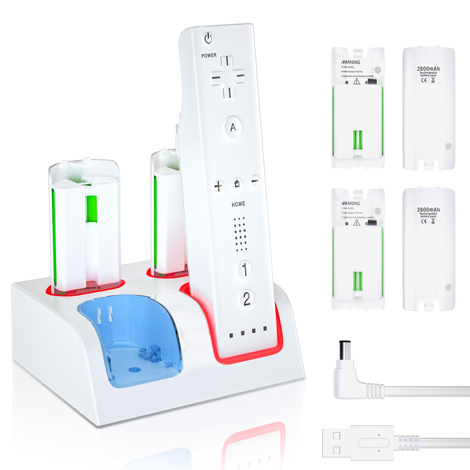 4-Pack 2800mAh Rechargeable Wii Remote Battery Pack with Charging Station & USB Cable - Compatible with Wii & Wii U Controllers - Perfect for Gaming Sessions & Family Entertainment