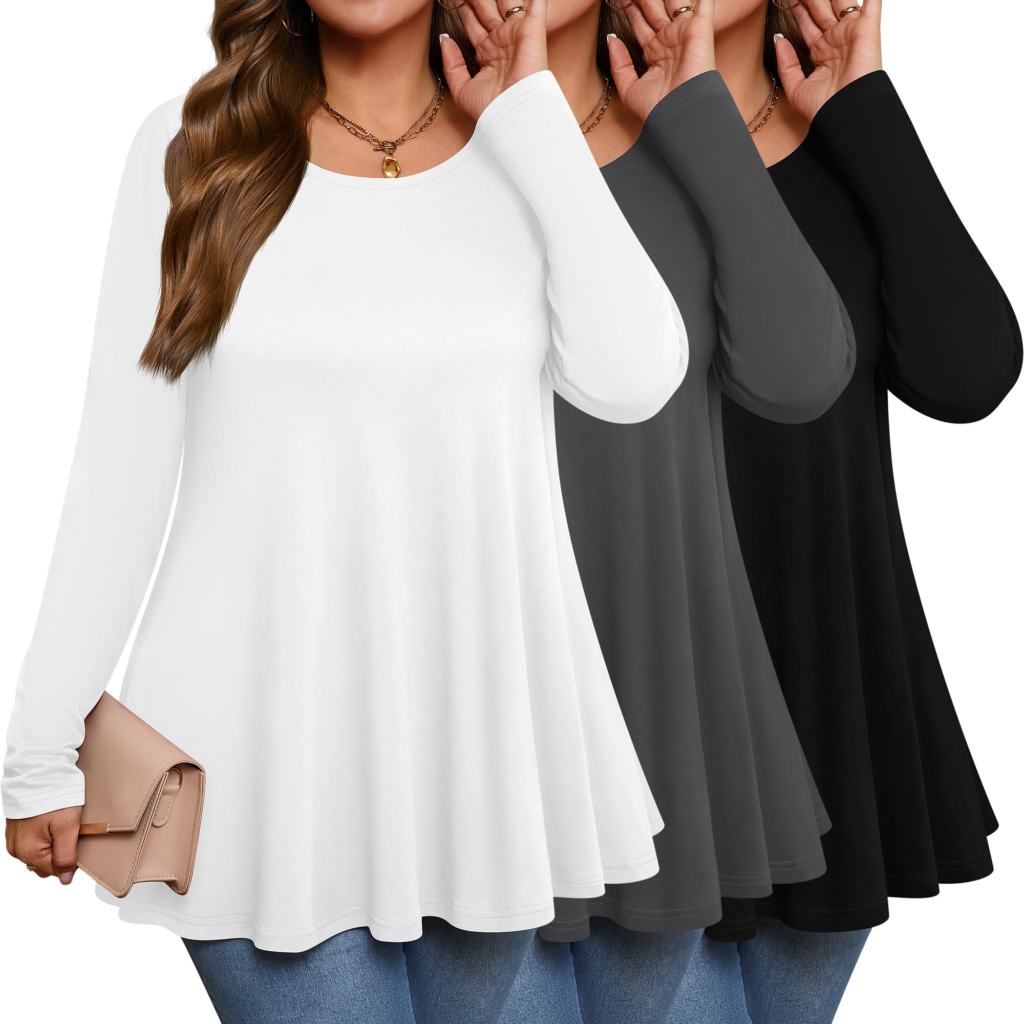 3 Pack Women's Plus Size Tunic Tops - Casual Long Sleeve Knit Blouses for Loose Fit Comfort | Perfect with Leggings for Work, Lounge & Everyday Wear