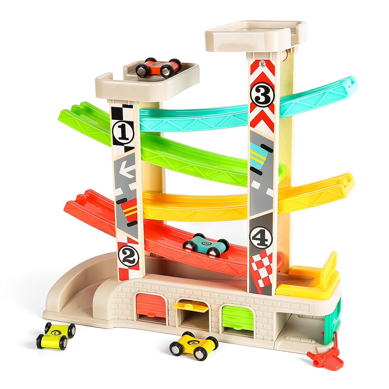 TOP BRIGHT Car Ramp Toys for Toddlers - 4-in-1 Race Track Set with 4 Toy Cars, Parking Lot & Gas Station - Fun Educational Toys for 2-4 Year Old Boys & Girls - Perfect for Indoor Playtime, Birthday Gifts & Preschool Learning Activities
