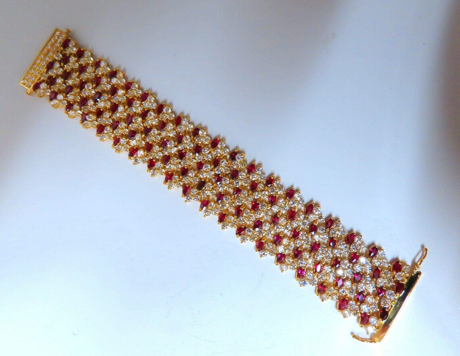 44.58ct Natural Ruby & Diamond Wide Cuff Bracelet in 14kt Gold Flex Mesh - Elegant Jewelry for Weddings, Parties & Special Occasions