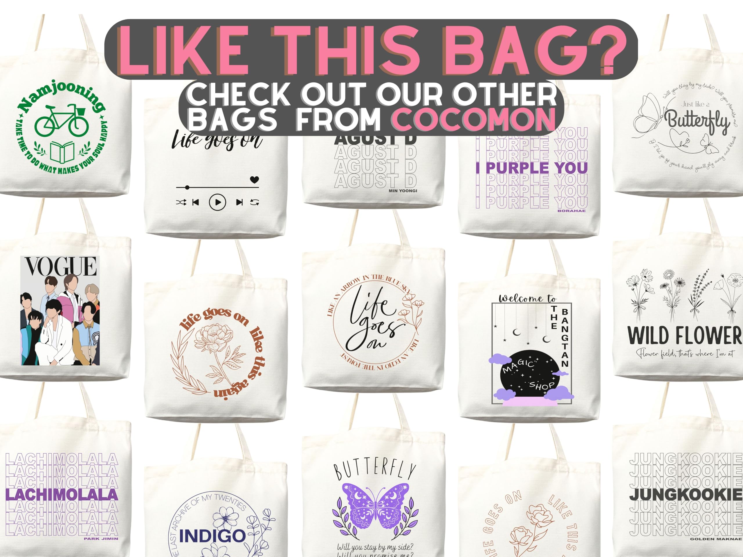 KPOP Tote Bag with Matching Pouch - BTS Merchandise Featuring RM, Jimin, Jungkook, J-Hope & Suga - Cute Kpop Accessories for Concerts, School & Daily Use