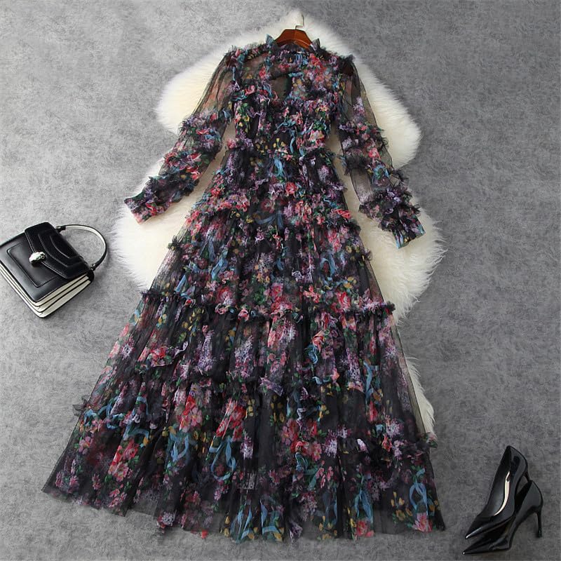 Floral Print Mesh Ruffles Long Maxi Dress for Women - Elegant Wedding, Evening Party & Prom Gown - Perfect for Spring Weddings, Formal Events & Special Occasions