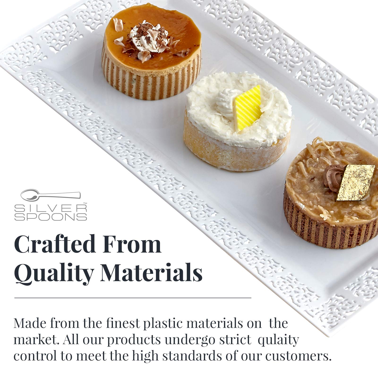 Elegant Disposable Silver Lace Trays for Weddings & Dining - Set of 6 White 14x7.5 Inch Plates - Perfect for Bridal Showers, Banquets & Upscale Events