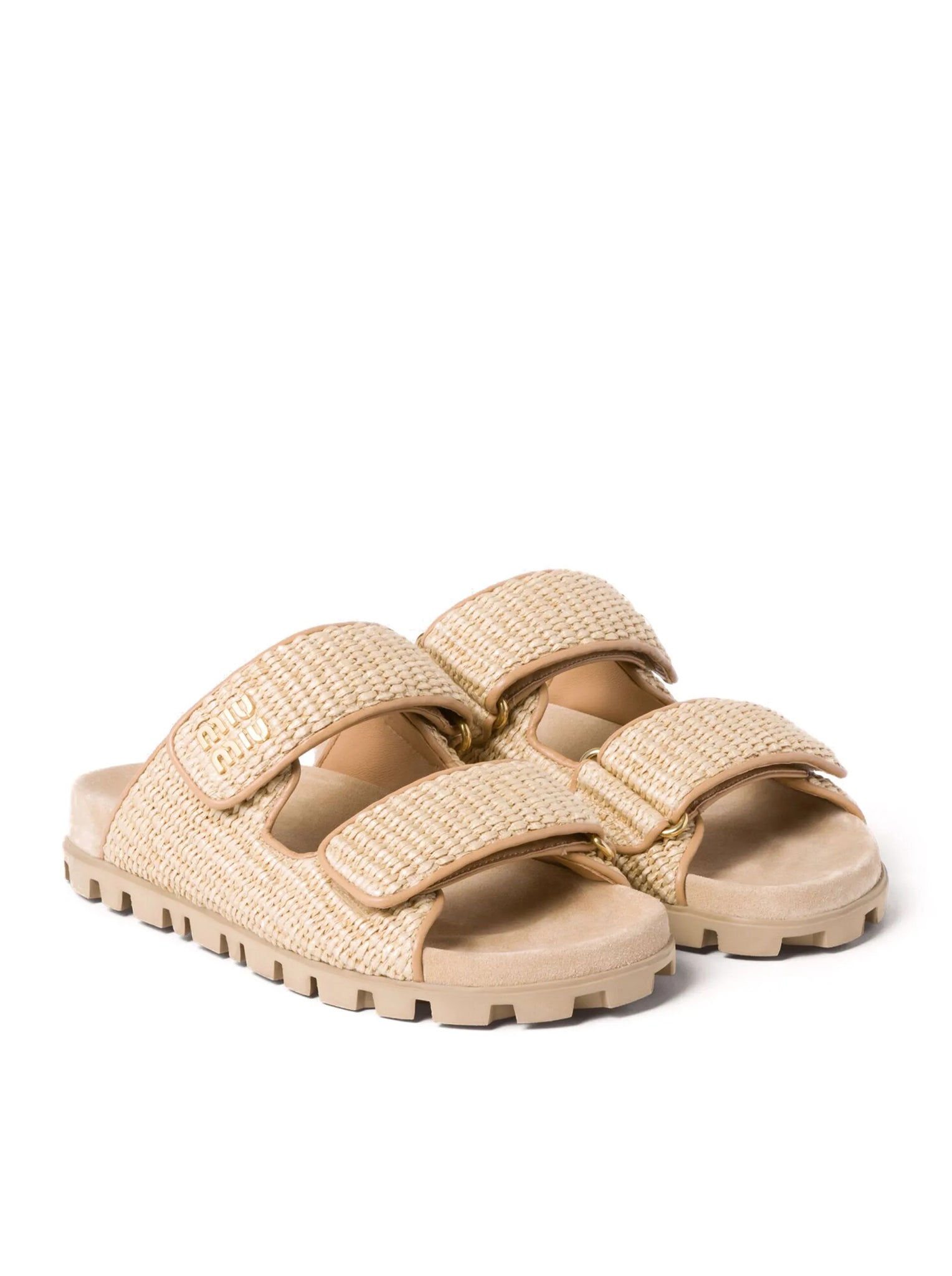 MIUMIU Gold Logo Raffia Sandals for Women - Stylish Summer Beach Slides - Perfect for Vacations, Poolside, and Casual Outings