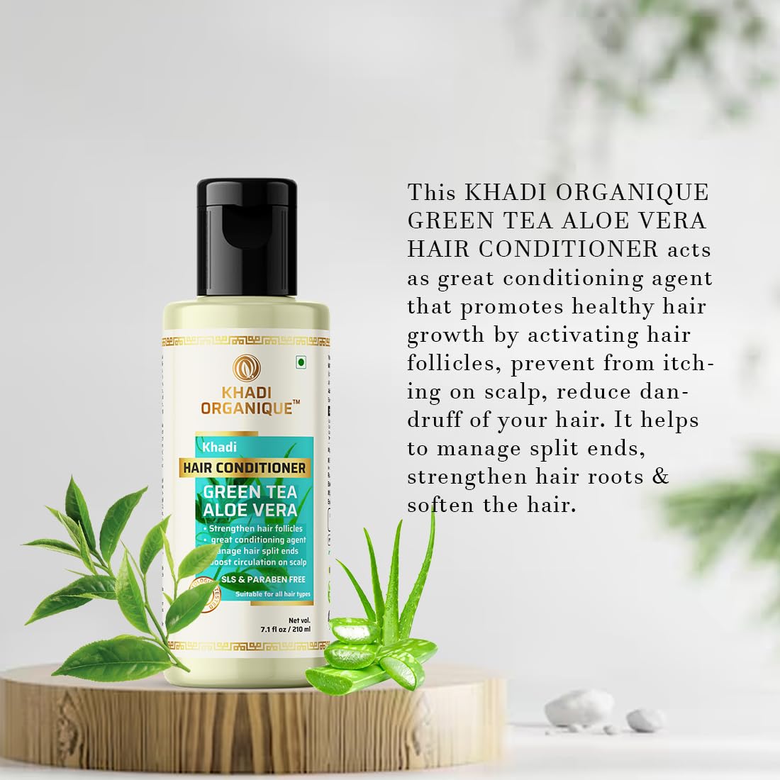 Organic Green Tea & Aloe Vera Hair Conditioner - Strengthening & Nourishing Treatment for Healthy Hair (Paraben Free, Mineral Oil Free) 210ml - Perfect for Dry, Damaged Hair & Daily Hydration