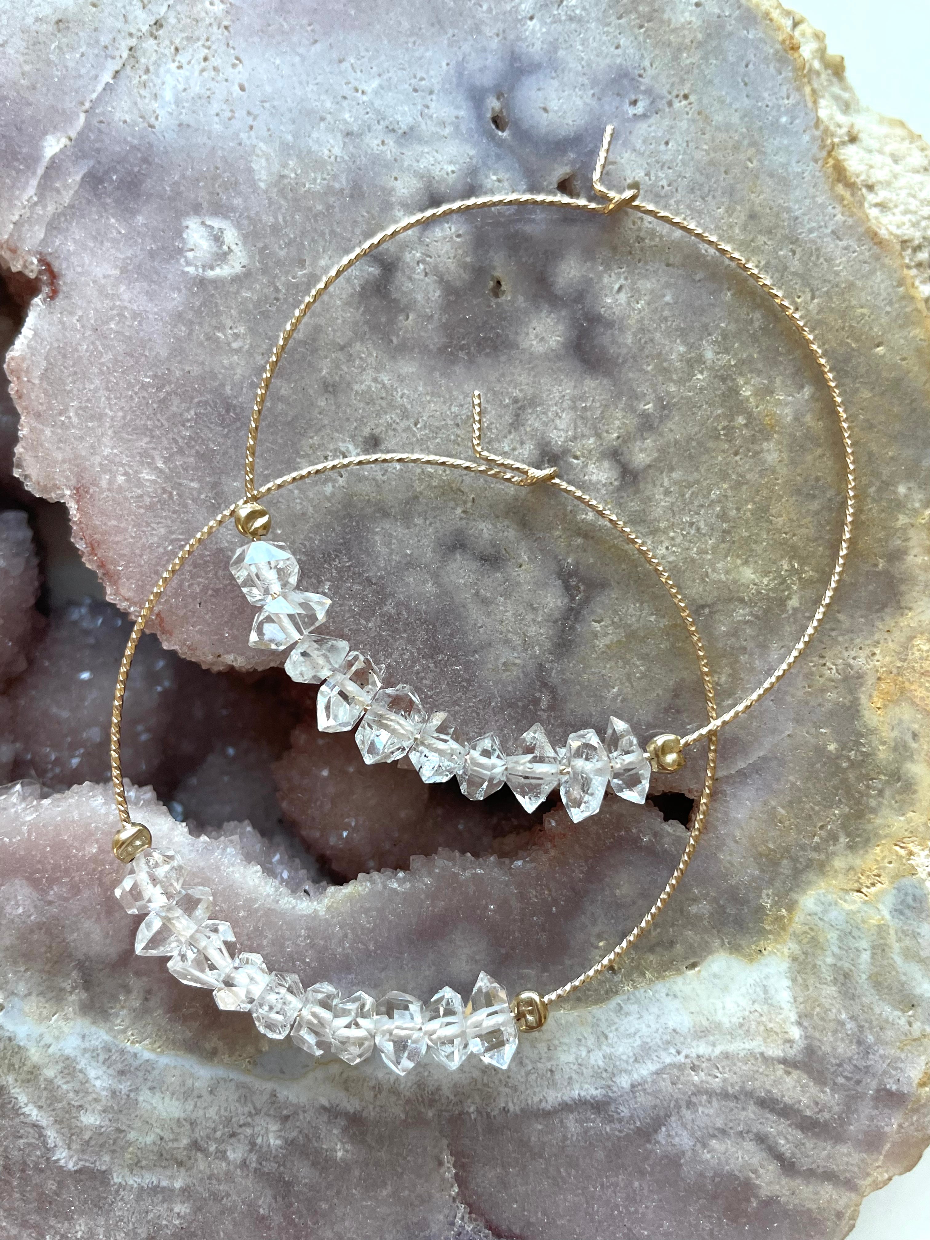 Stylish Thin Herkimer Diamond Hoops Earrings for Women - 14K Gold Plated Minimalist Dainty Studs - Perfect for Everyday Wear, Office & Special Occasions