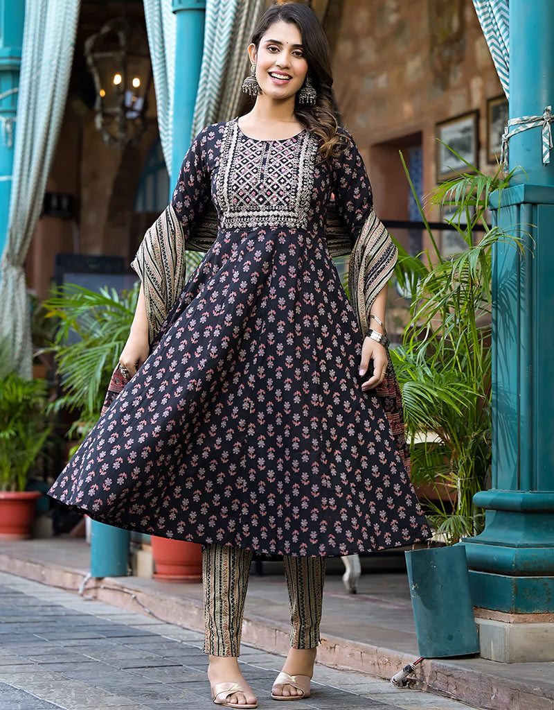 Anarkali Floral Embroidered Kurta Pants Set with Dupatta - Black Pure Cotton Indian Ethnic Wear for Women | Perfect for Festivals, Weddings & Special Occasions