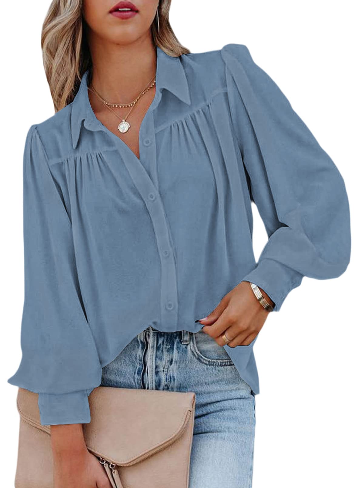 EVALESS Women's Casual Long Sleeve Blouse - V Neck Button Down Shirt Solid Color Tops for Work, Office & Everyday Wear