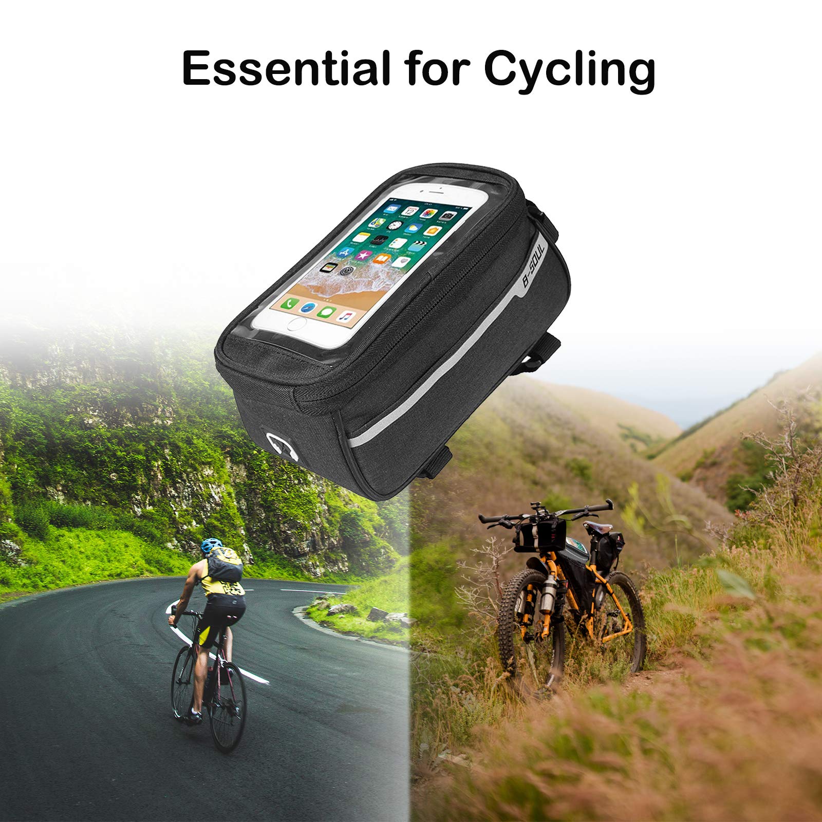 Bike Phone Mount Bag - Waterproof Bicycle Top Tube Bag with Sensitive Touch Screen Holder, Cycling Accessories Pouch for Mountain & Road Bikes (Fits Phones Under 6.5