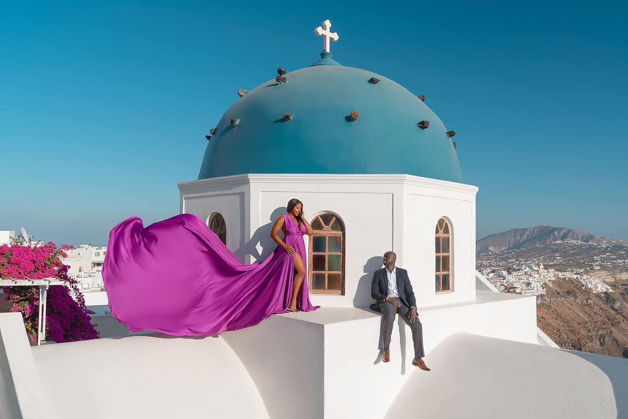 Elegant Long Flying Dress for Photoshoot - Flowy Satin Gown with Train | Santorini Flying Dress for Beach Wedding, Maternity Shoot & Vacation Photography