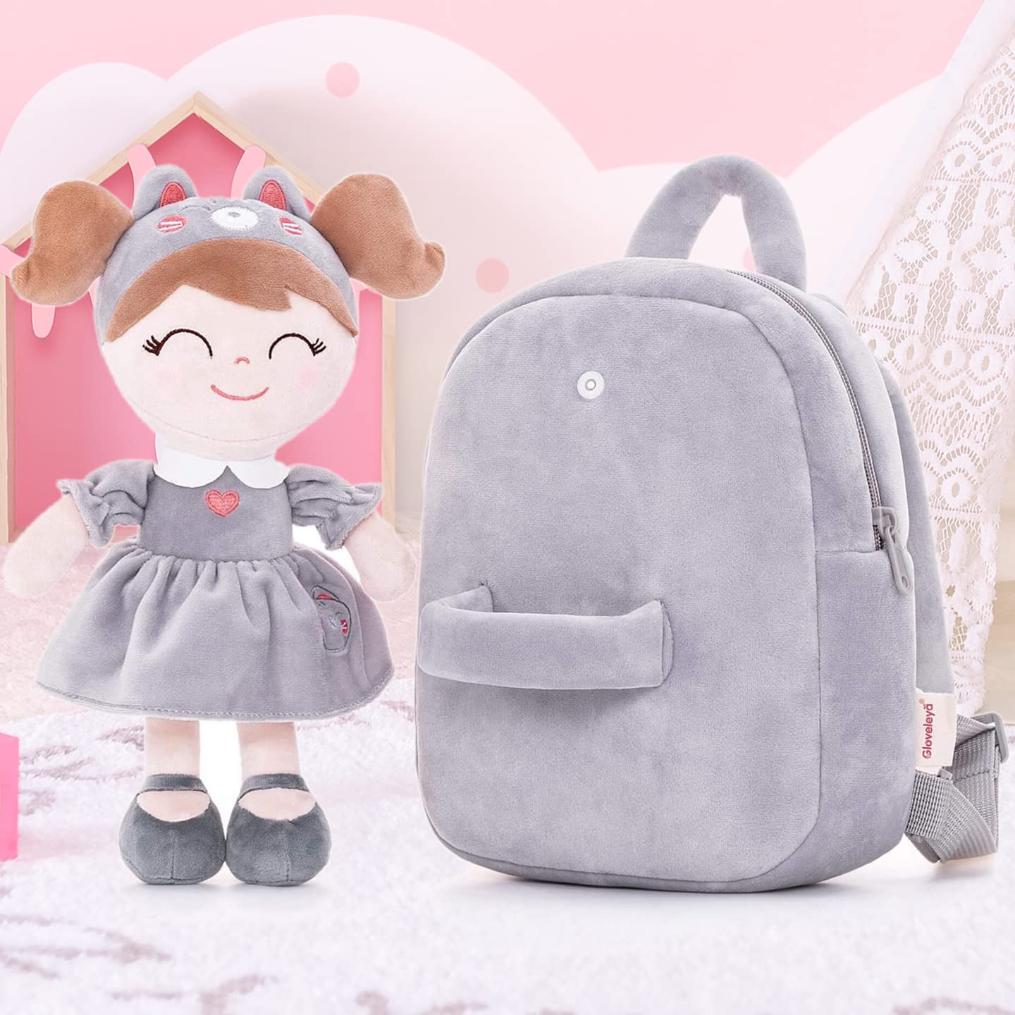 Gloveleya Soft Plush Cat Backpack for Toddlers - Gray Cute Plush Doll Carrier | Perfect for Travel, School & Outdoor Adventures