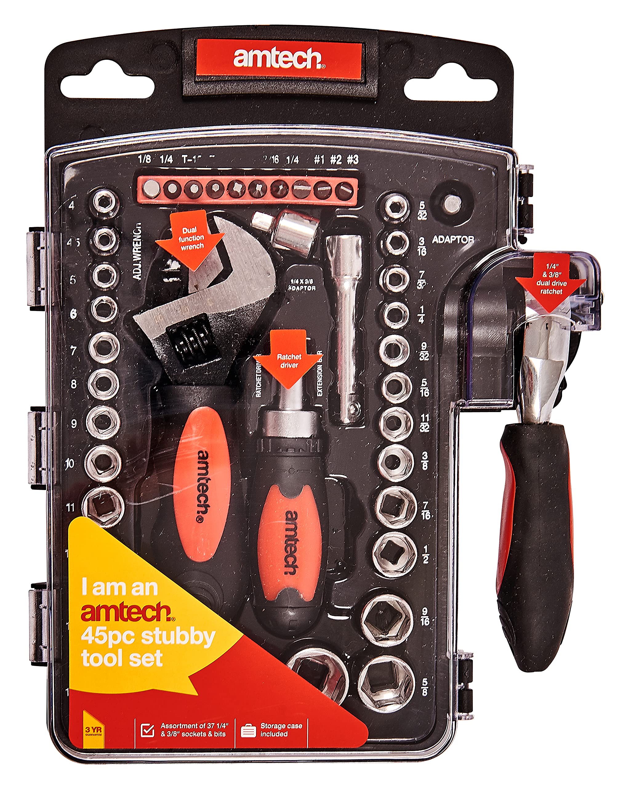 Amtech I1100 45-Piece Stubby Tool Set - Compact Wrench & Socket Kit for Tight Spaces | Ideal for Automotive Repair, DIY Projects & Home Maintenance