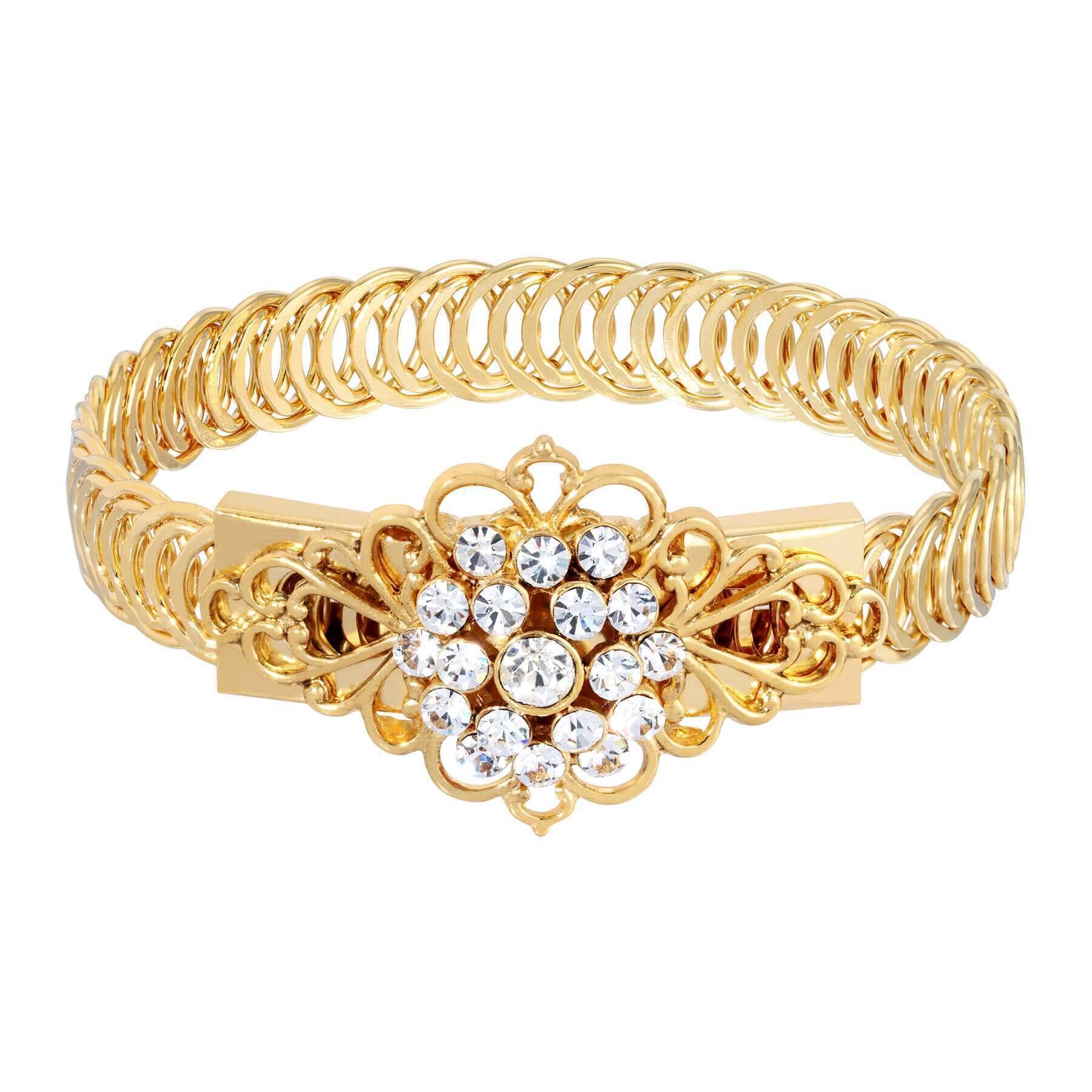 1928 Jewelry Gold Dipped Crystal Flower Overlay Belt Bracelet for Women - Vintage Style Adjustable Chain Bracelet - Perfect for Weddings, Parties & Special Occasions