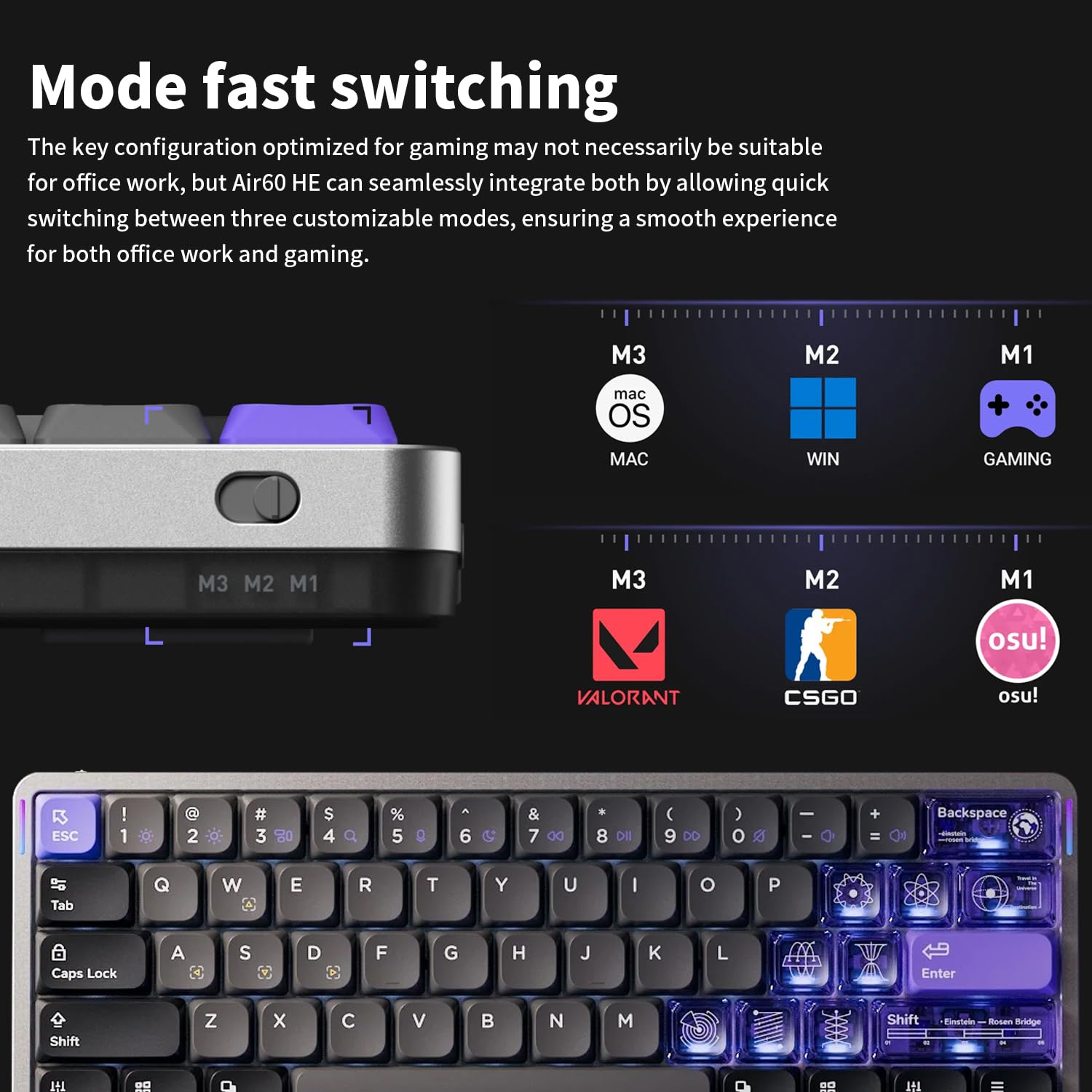 Nuphy Air60 HE Magnetic Switch Gaming Keyboard - 61 Key Compact Wired Mechanical Keyboard with Adjustable Actuation Point, 8K Hz Polling Rate, Low-Profile Magnetic Jade Switches - Perfect for Esports, Gaming & Office Typing