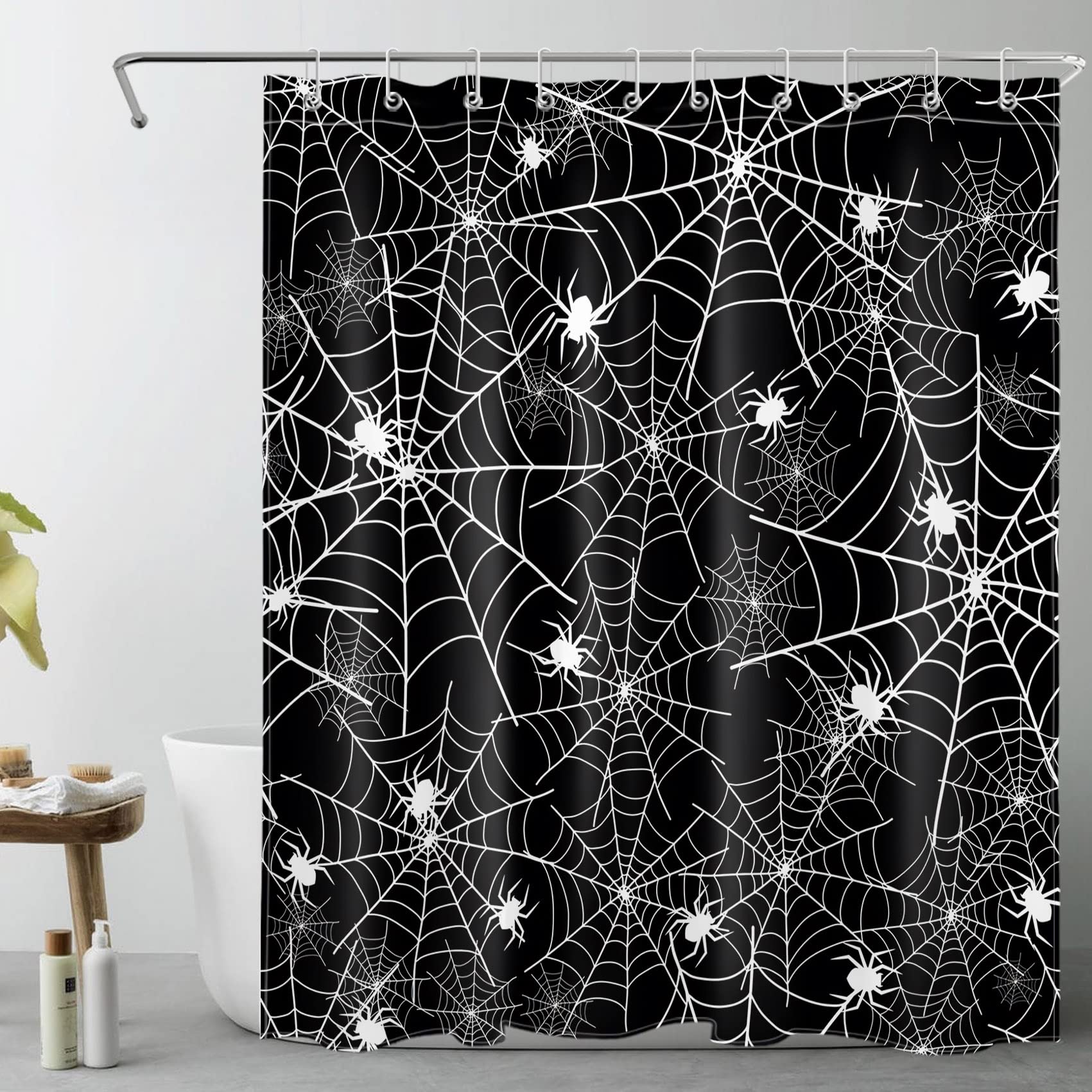 EOBTAIN Halloween Shower Curtain - Horror Spider Web Bathroom Decor, Black & White Holiday Shower Curtain, Durable Fabric with 10 Hooks (60x72 Inches) - Perfect for Spooky Bathroom Makeover & Halloween Party Decorations