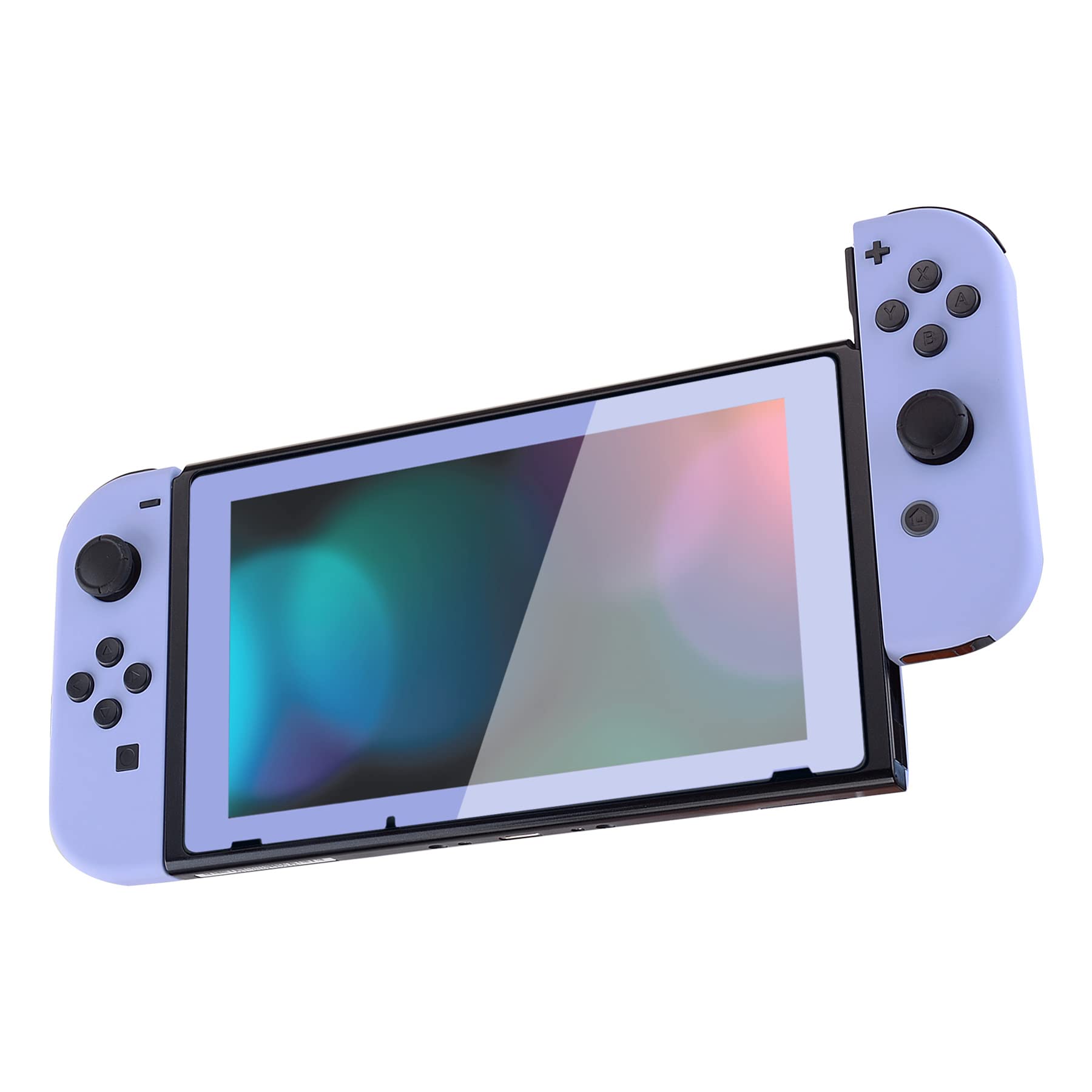 eXtremeRate Soft Touch Joy-Con Controller Replacement Shell Case with Full Black Buttons & Light Violet Border - Custom Housing for Nintendo Switch Joy-Con - Includes Tempered Glass Screen Protector for Enhanced Gaming Protection (Perfect for Travel, Home Gaming & Switch Modding)