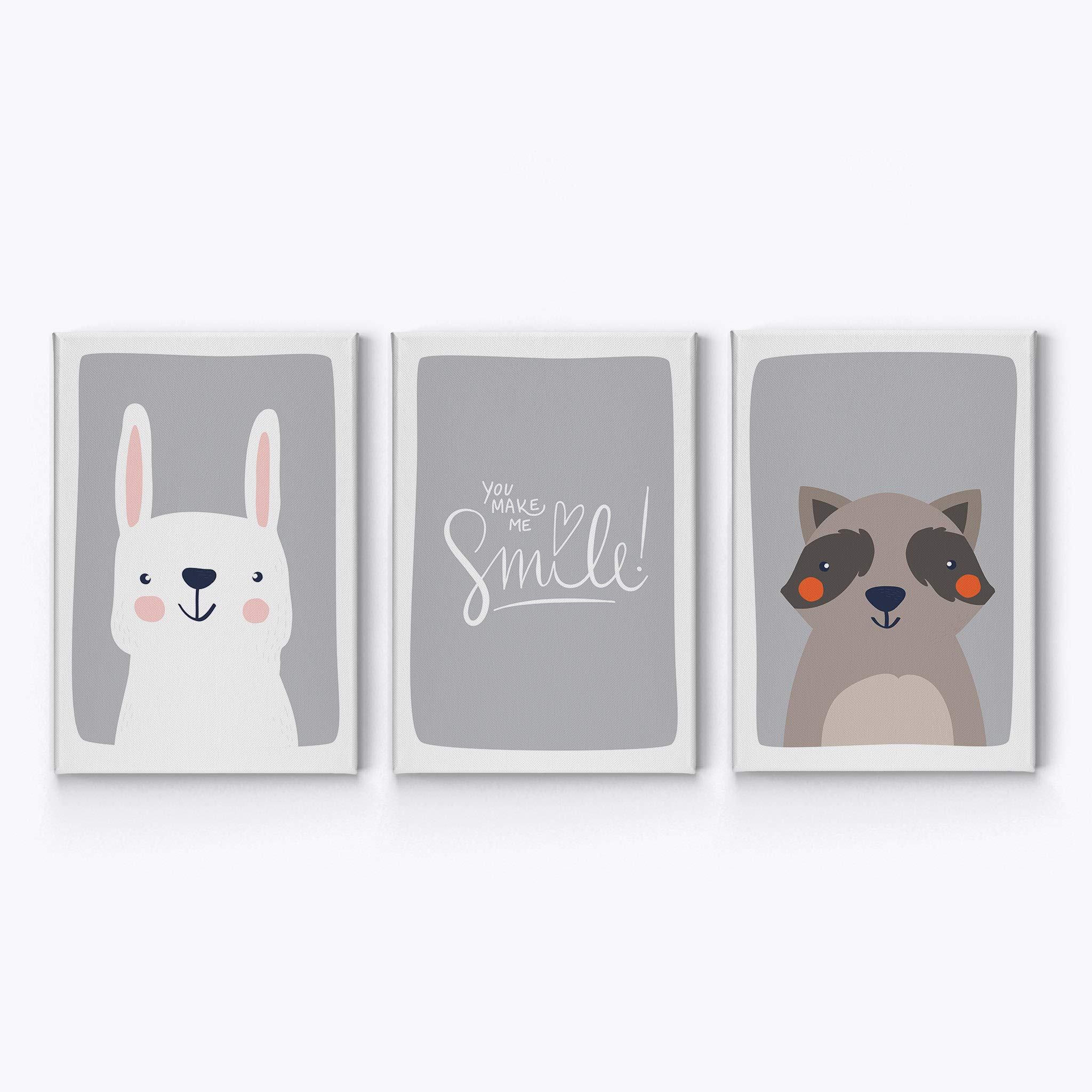Cute Rabbit Raccoon Canvas Wall Art Set - 3 Piece Nursery Decor with Inspirational Quotes on Gray Background (40x30 inches) | Perfect for Kids Room, Baby Boy & Girl Nursery Decor | Made in USA | Rolled Canvas Prints