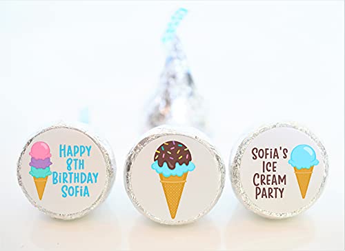 Personalized Ice Cream Birthday Theme Hershey Kiss Stickers - 108pcs Adhesive Decals (ICE002) for Party Decorations, Scrapbooking & Gift Wrapping