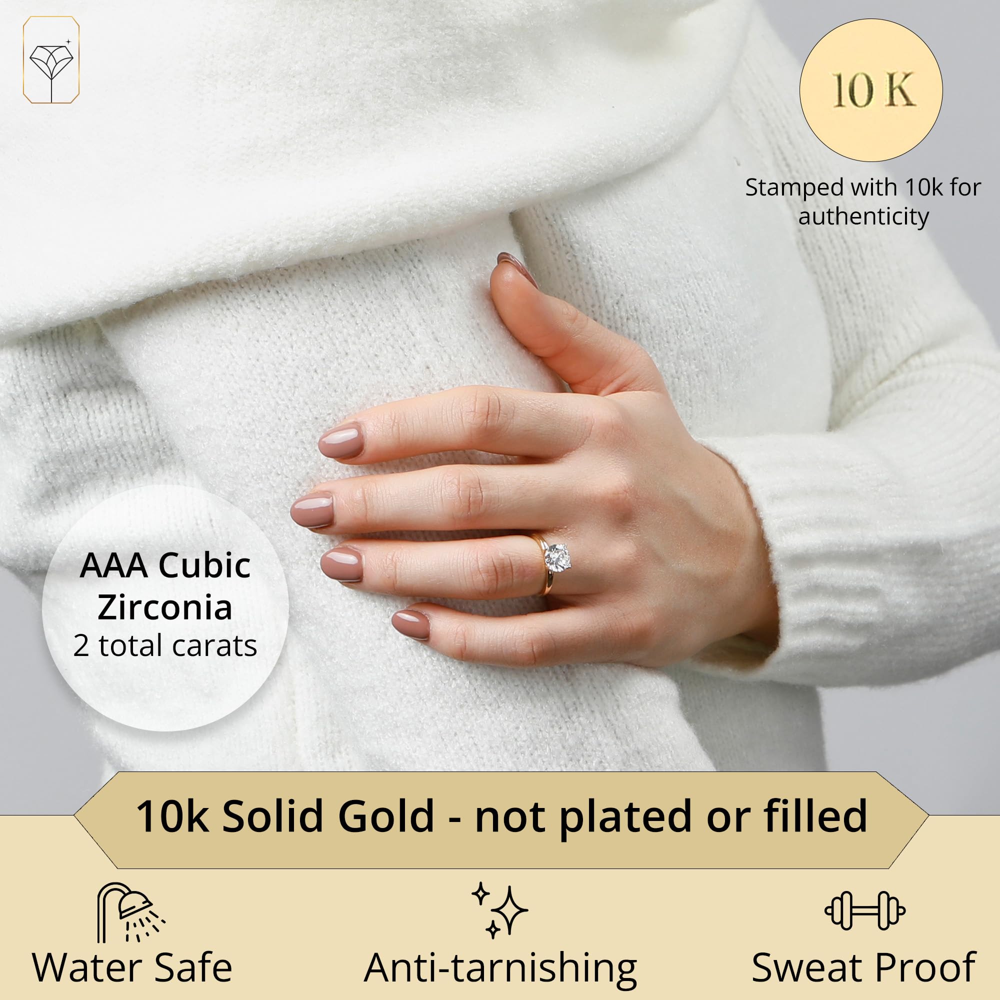 2 Carat Round Cubic Zirconia Solitaire Engagement Ring for Women - 14k Gold Plated Simulated Diamond Ring | Elegant Proposal, Anniversary Gift & Wedding Jewelry
