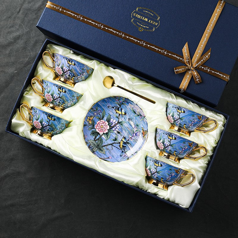 Blue Bird and Butterfly Bone China Porcelain Tea Cup Set - Elegant British Tea Cup and Saucer in Gift Box, Fine Ceramic Coffee Cups for Afternoon Tea, Bridal Shower, and Home Decor