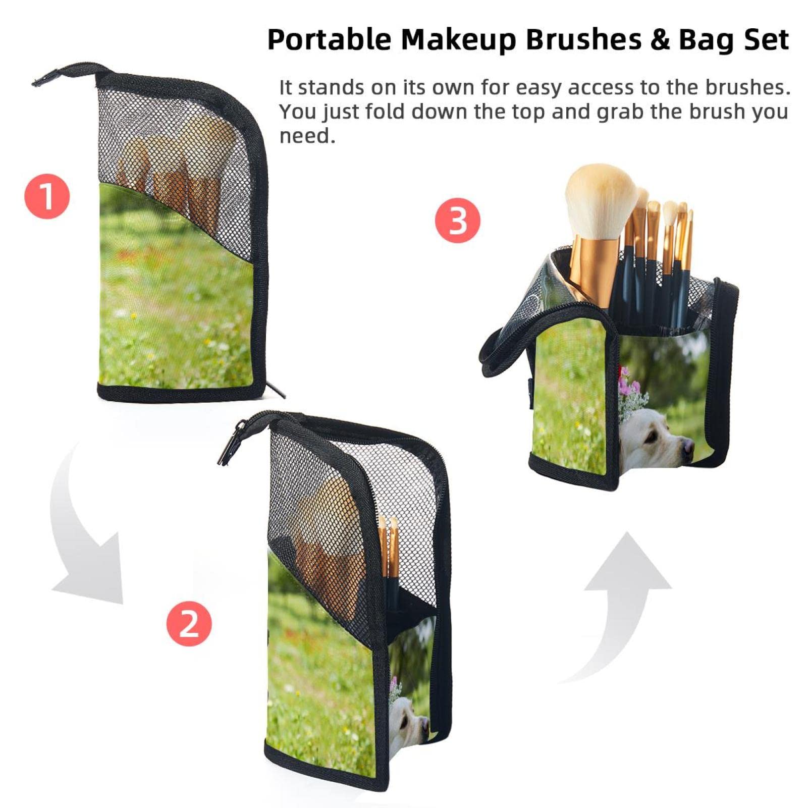 Golden Retriever Flower Field Makeup Brush Organizer Bag - 12 Piece Portable Brush Holder Set with Case for Travel & Home Vanity Storage