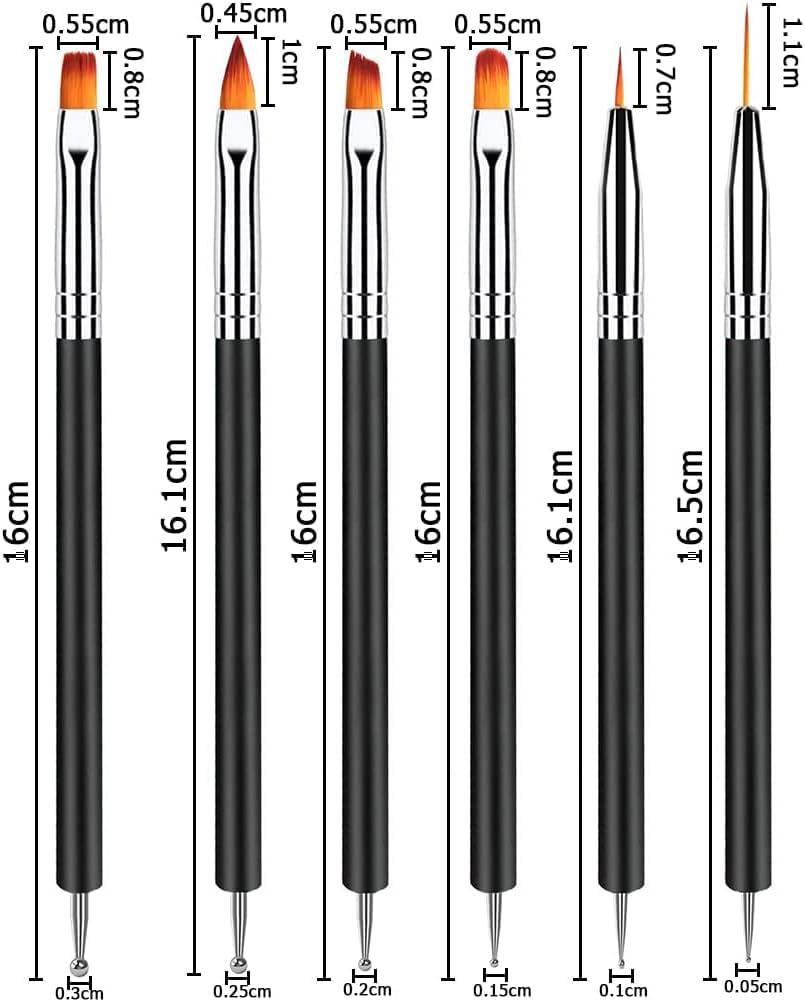 Lofuanna 6pcs Nail Art Brush Set - Double Ended Fine Liner, Dotting Pen, Gel & Builder Brushes for Professional & DIY Manicures | Perfect for Nail Extensions, Acrylics & Home Salon Use
