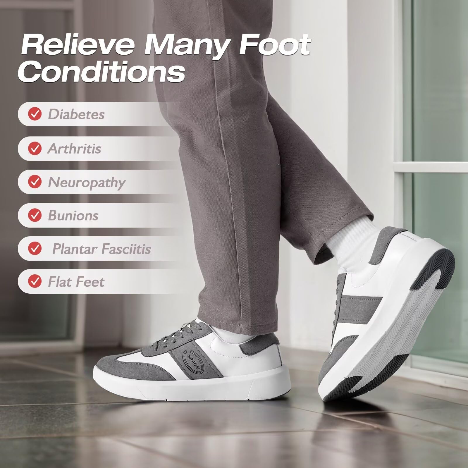 XPACS Men's Orthopedic Leather Dress Sneakers - Comfortable Plantar Fasciitis Arch Support Shoes for Work, Walking & Business Casual | Heel & Foot Pain Relief | Perfect for Office, Travel & Daily Wear