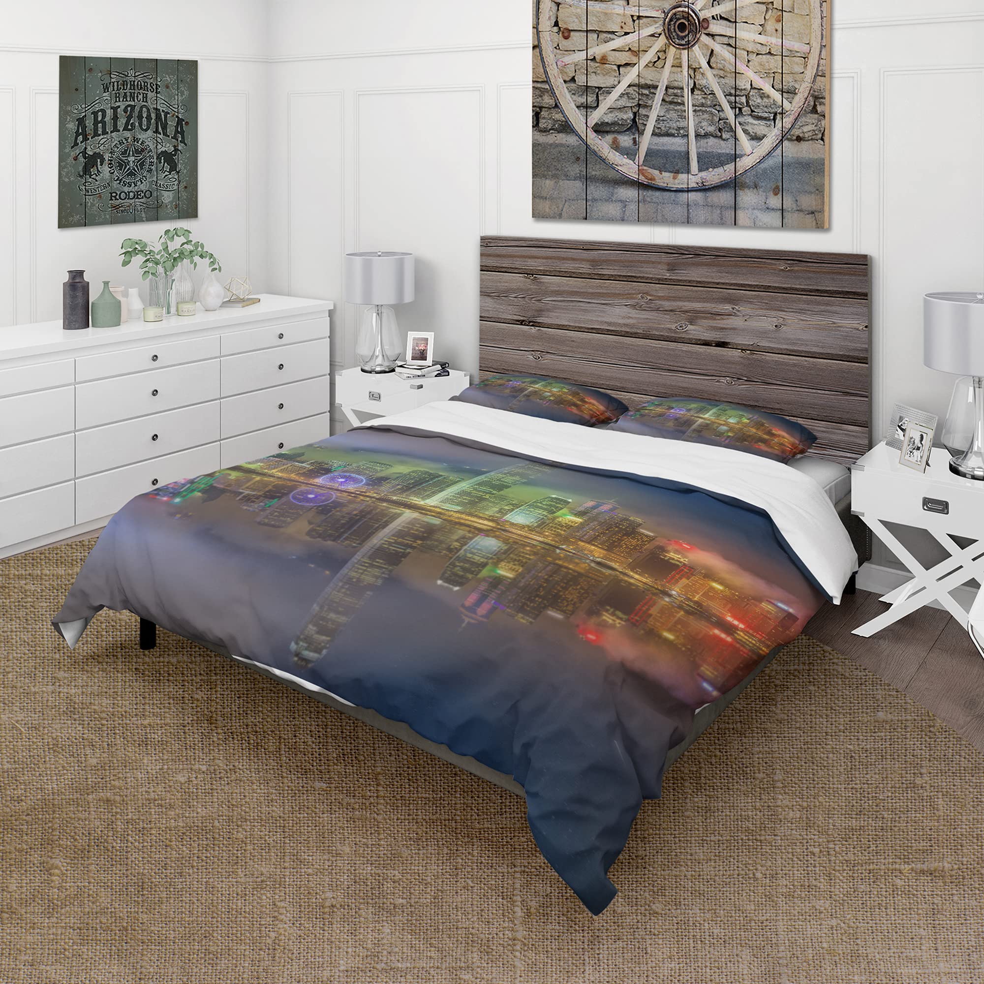 DesignQ Hong Kong Panoramic View Industrial Duvet Cover Set - King Size Green Beach Bedding 3-Piece Set | All Season Comfort for Modern Bedrooms & Coastal Home Decor