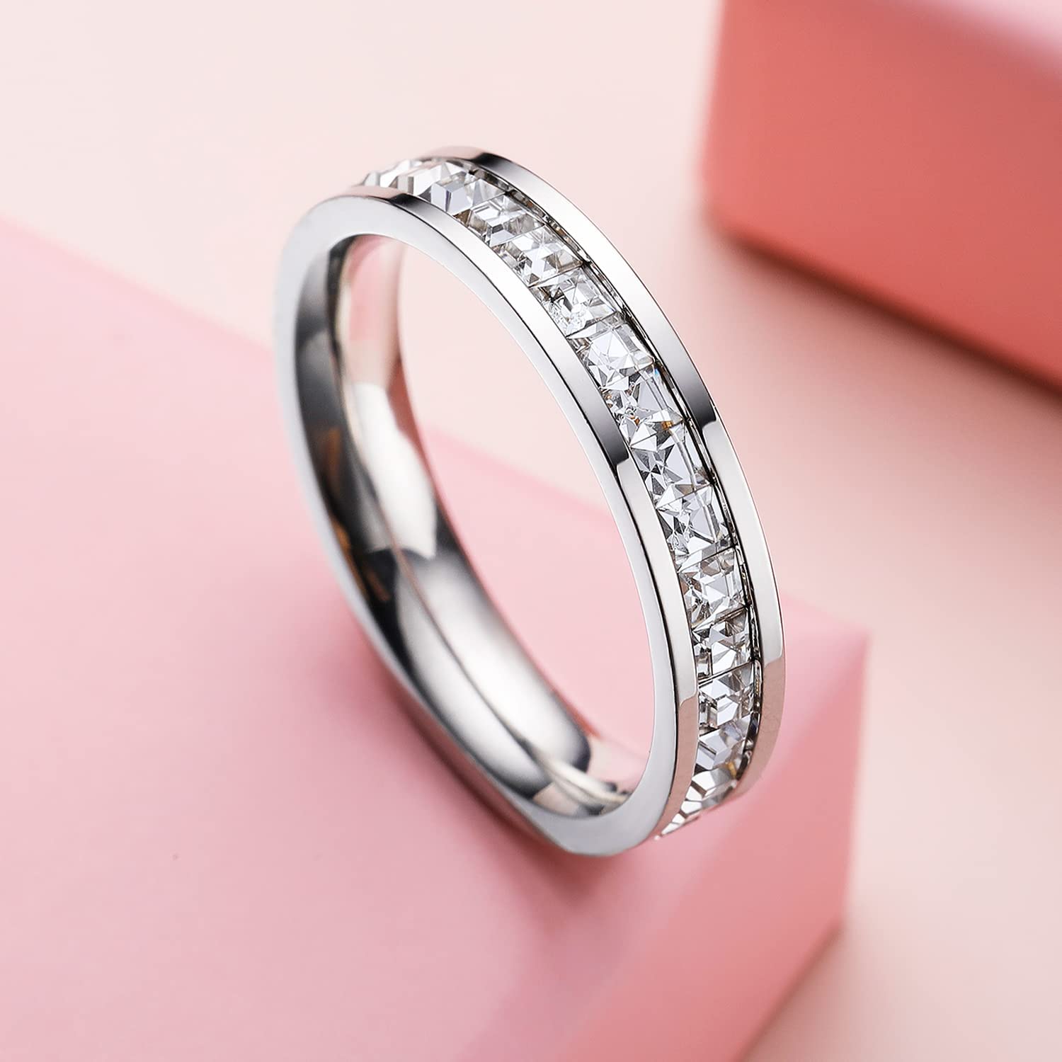VOLUKA Eternity Band Rings for Women & Men - Platinum Plated Spinner Wedding Bands Size 5-10 - Perfect for Anniversaries, Engagements & Couple Jewelry Gifts