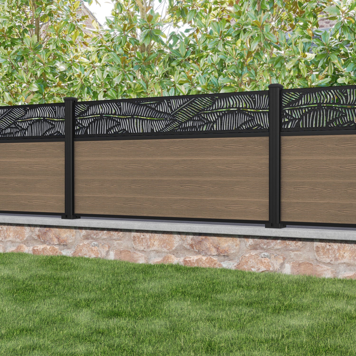 Premium Teak Classic Feather Fence Panel with Durable Aluminum Posts - Perfect for Garden, Patio, and Backyard Privacy Decoration