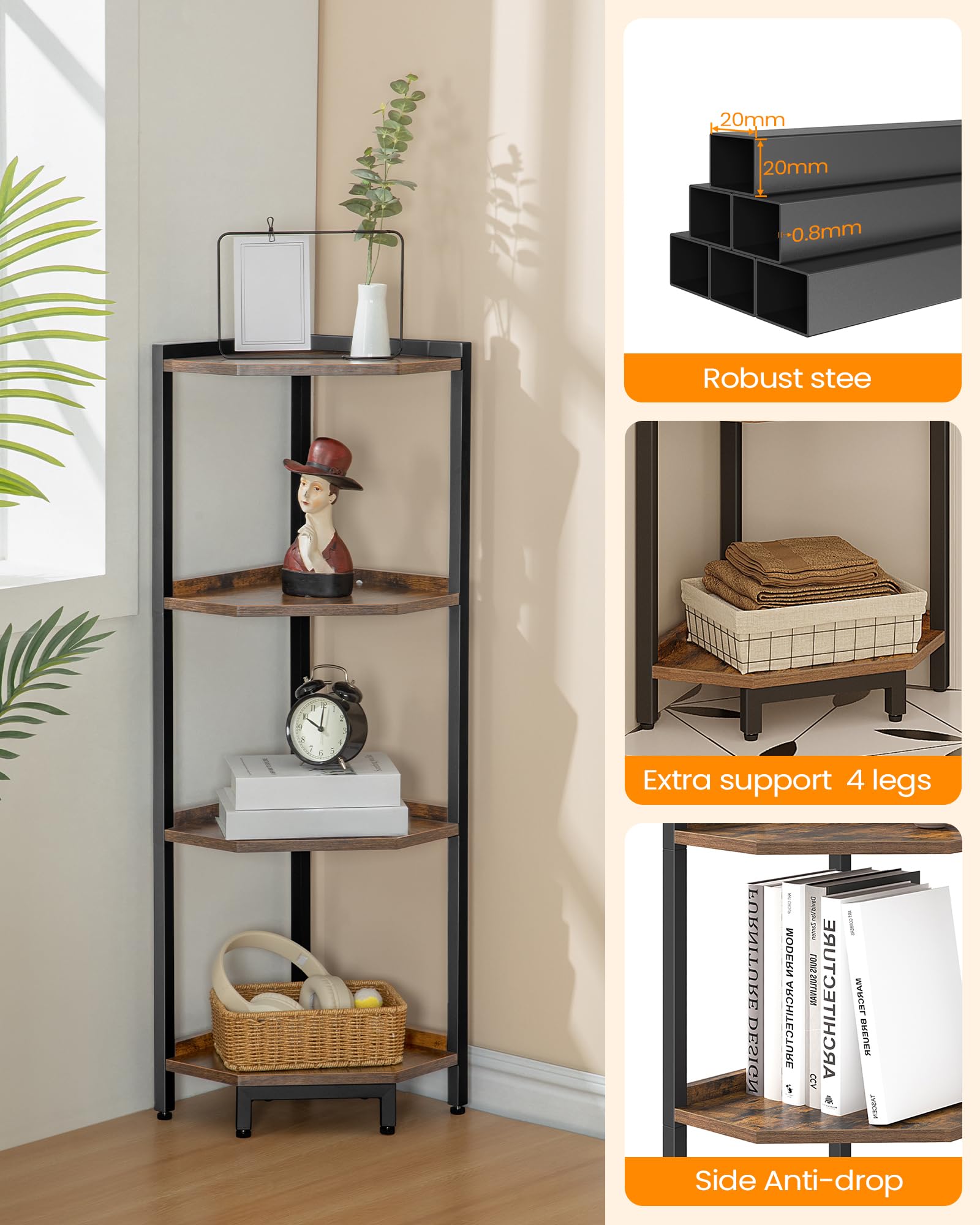 Rustic Brown 4-Tier Corner Shelf Stand - Metal Frame Storage Bookcase for Living Room, Home Office & Bedroom | Space-Saving Plant Stand & Bookshelf Organizer for Small Spaces & Home Decor