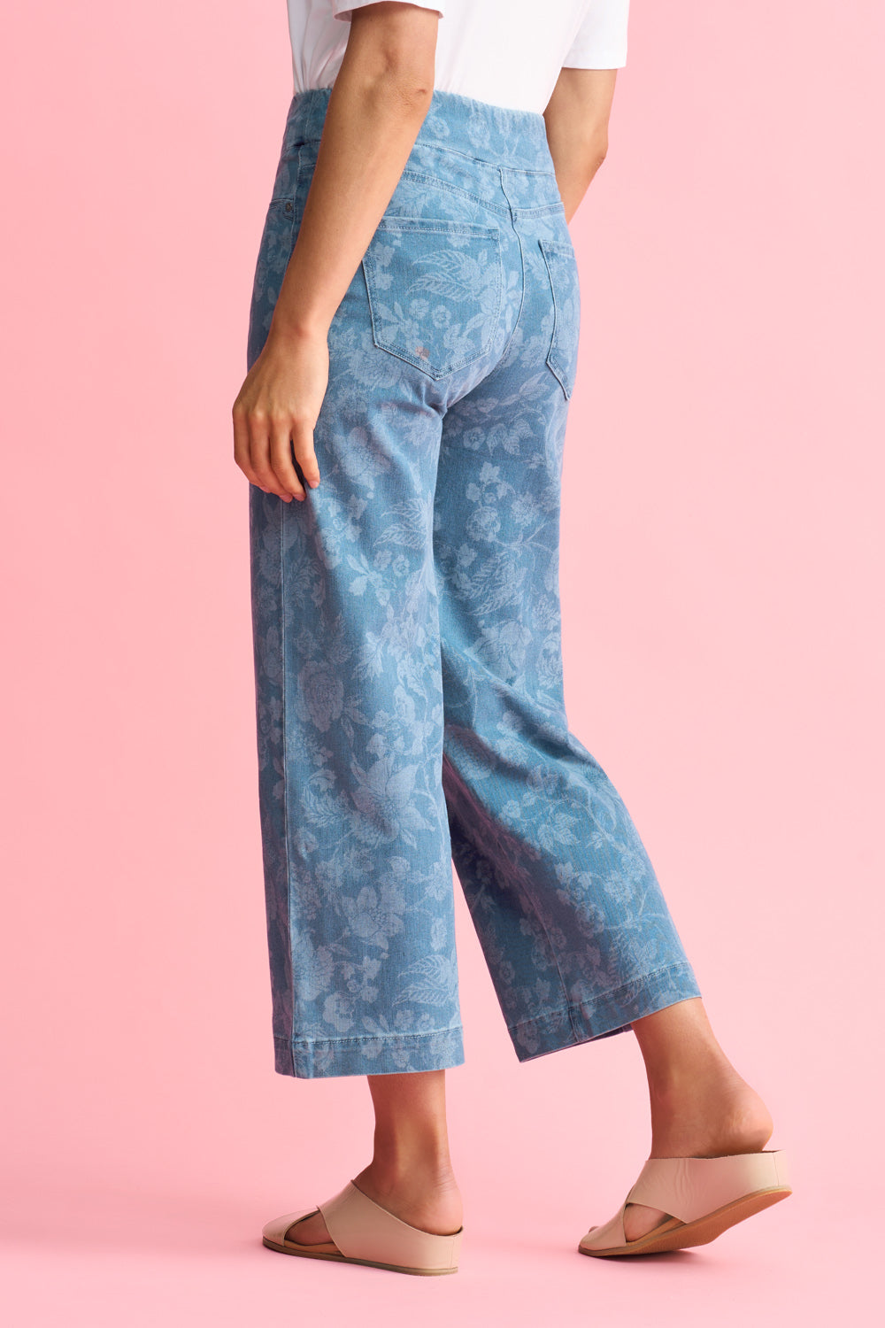 Bengajean® Women's 7/8 Length Wide Leg Pants with Botanic Laser Print - Comfortable High Waisted Trousers for Work, Office & Casual Wear