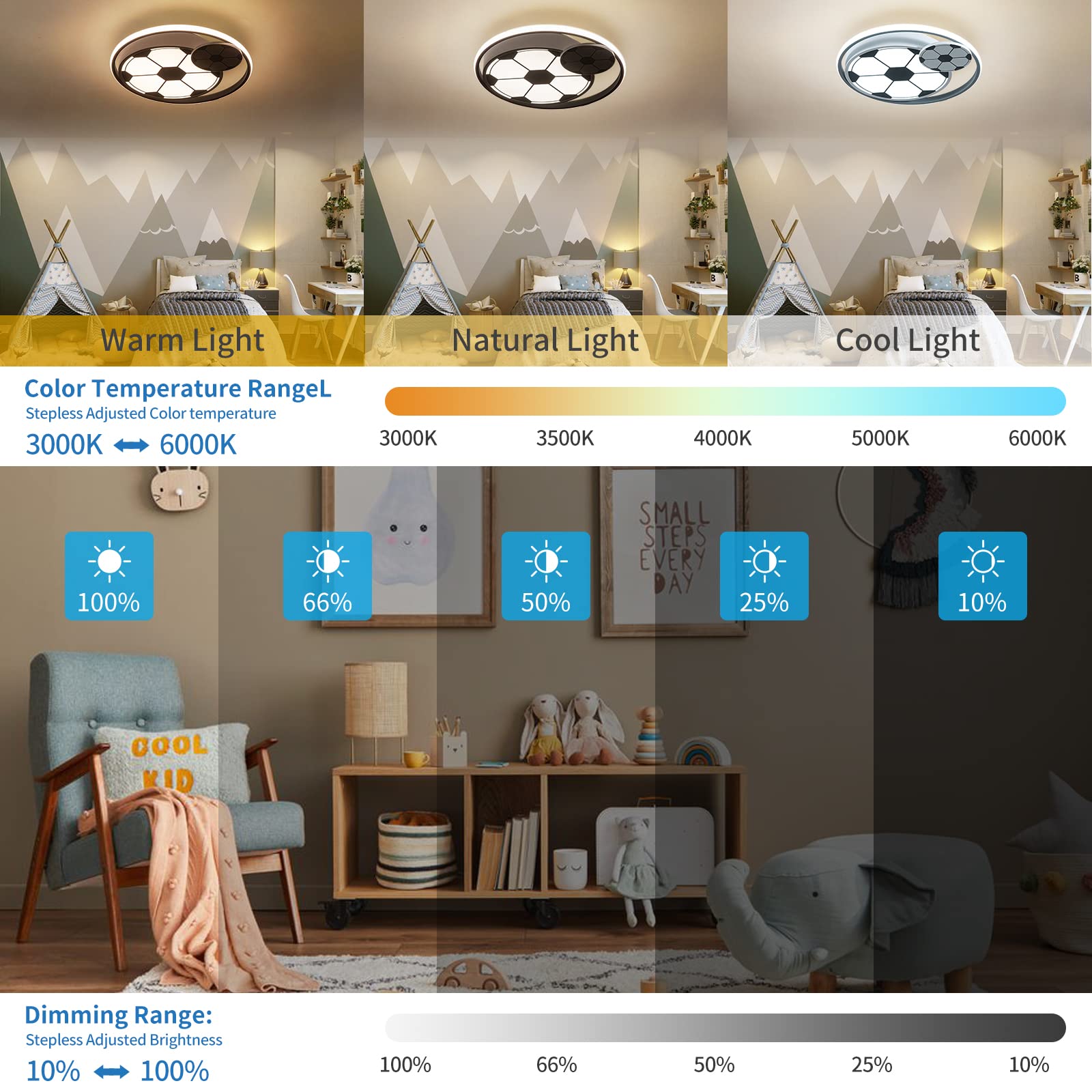 Modern LED Ceiling Light for Kids Room - Dimmable Soccer Flush Mount Light with Remote Control, 17