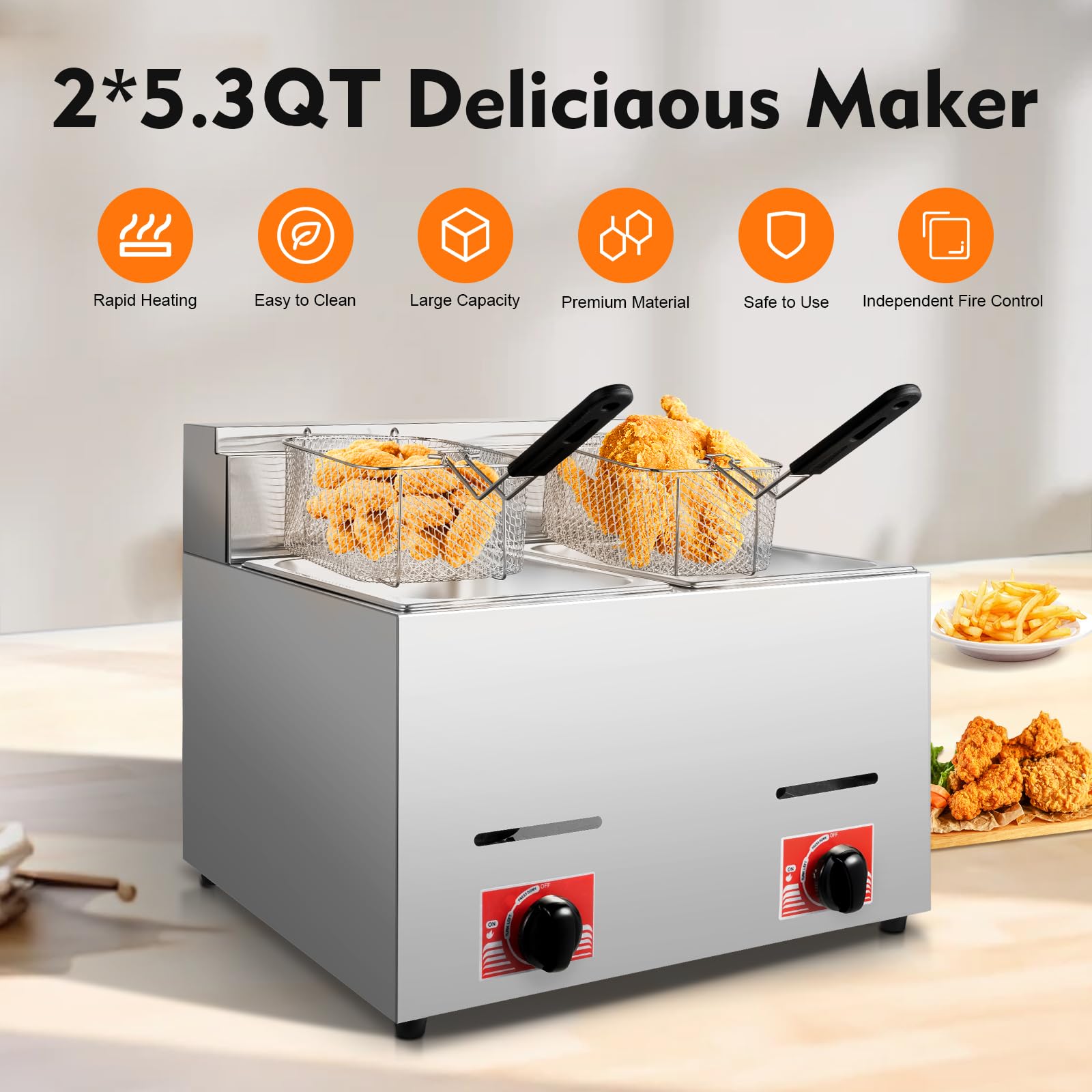 12.7QT Stainless Steel Deep Fryer with Baskets & Lid - 12L Countertop Oil Fryer for Home Kitchen, Snacks, Chicken, Fish - Gas (LPG) & Electric Options - Perfect for Restaurants, Food Trucks & Outdoor Cooking