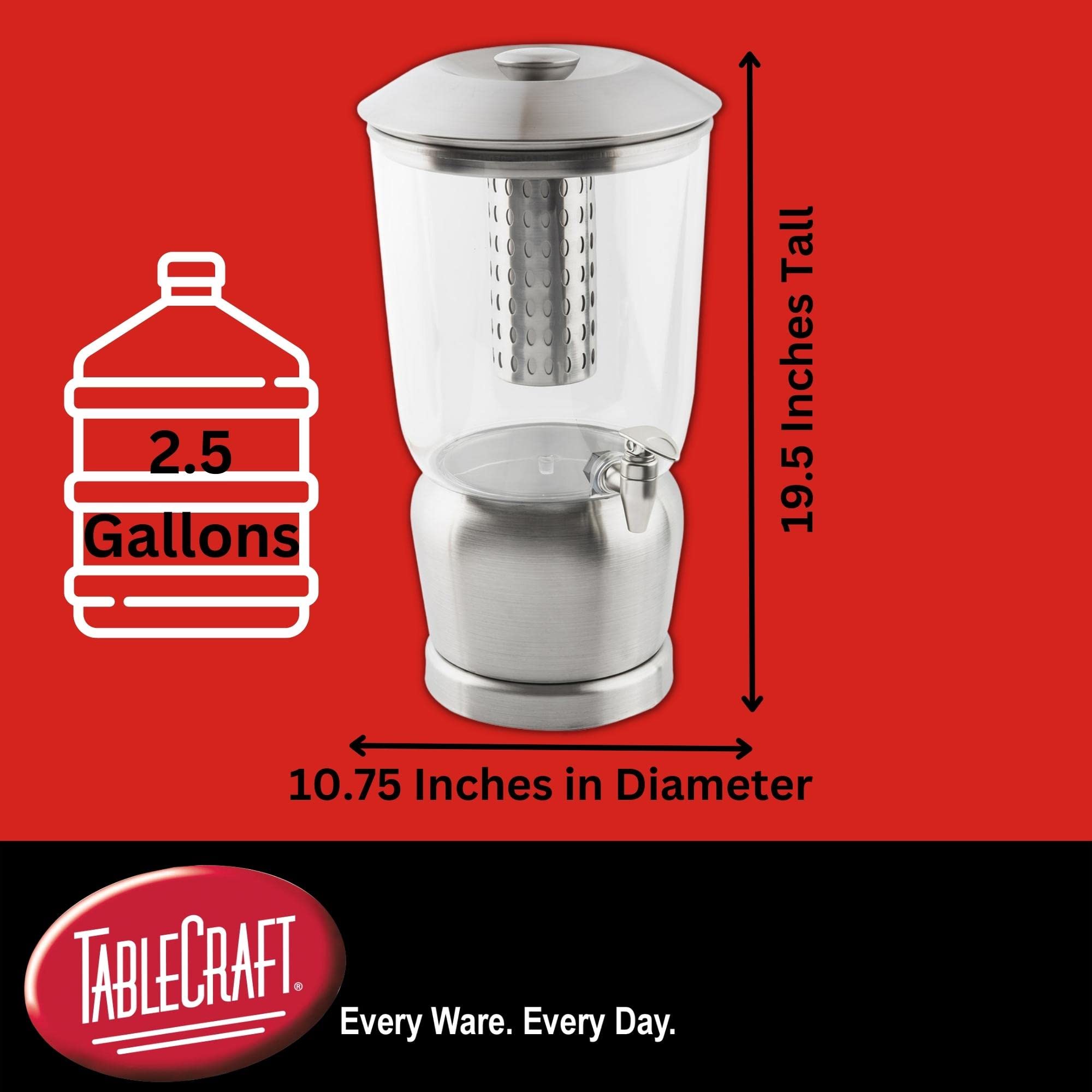 Premium TableCraft 75 2.5 Gallon Drink Dispenser with Fruit Infuser & Stand - Tritan BPA-Free Plastic & Brushed Stainless Steel - Cold Beverage Server for Parties, Weddings, Catering & Home Use - Perfect for Lemonade, Iced Tea & Infused Water