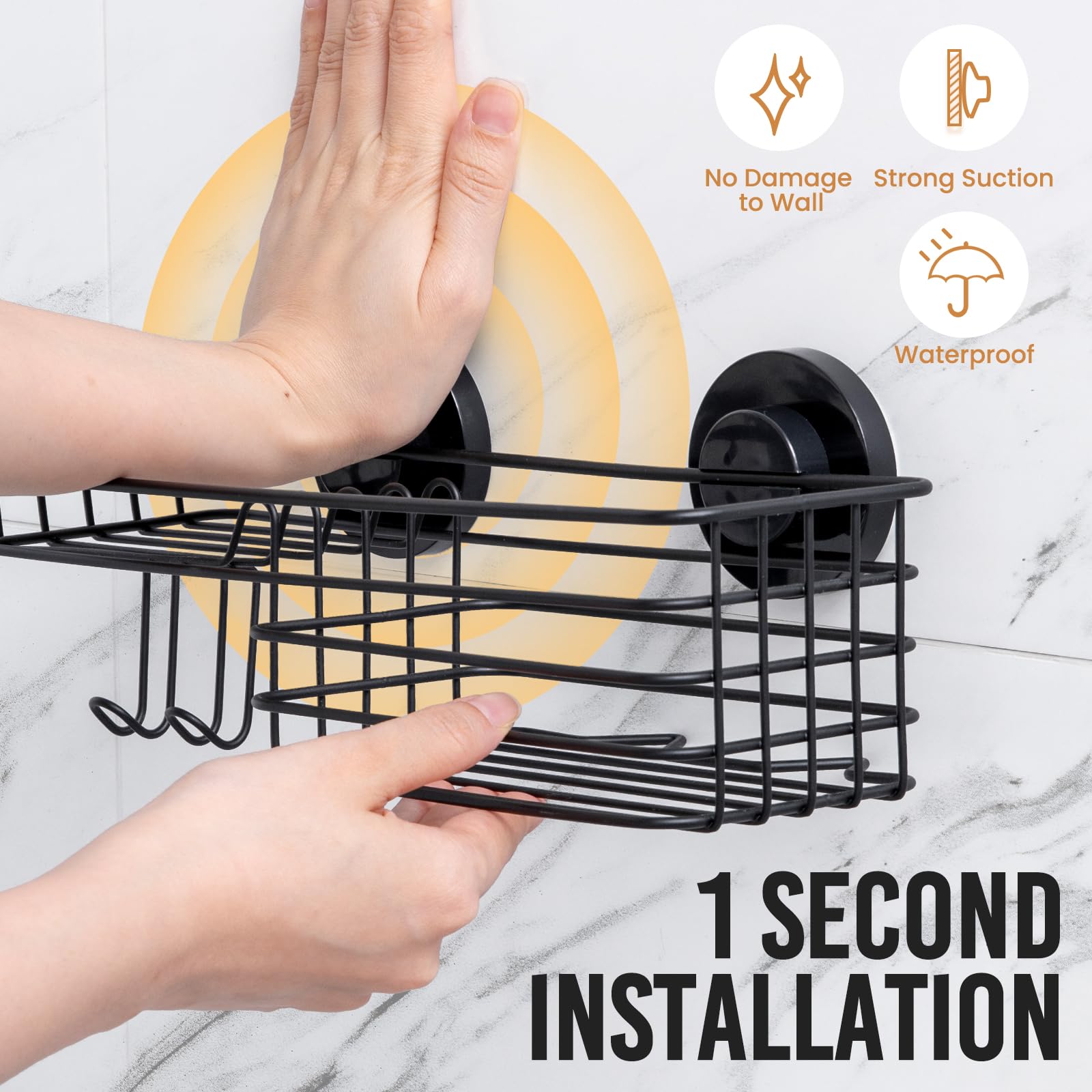 LEVERLOC Shower Caddy Suction Cup - 2 Pack No-Drill Bathroom Organizer with Hooks & Soap Holder, Rustproof Shower Shelf for Bath Essentials - Perfect for Small Bathrooms, Dorm Rooms & Apartment Showers