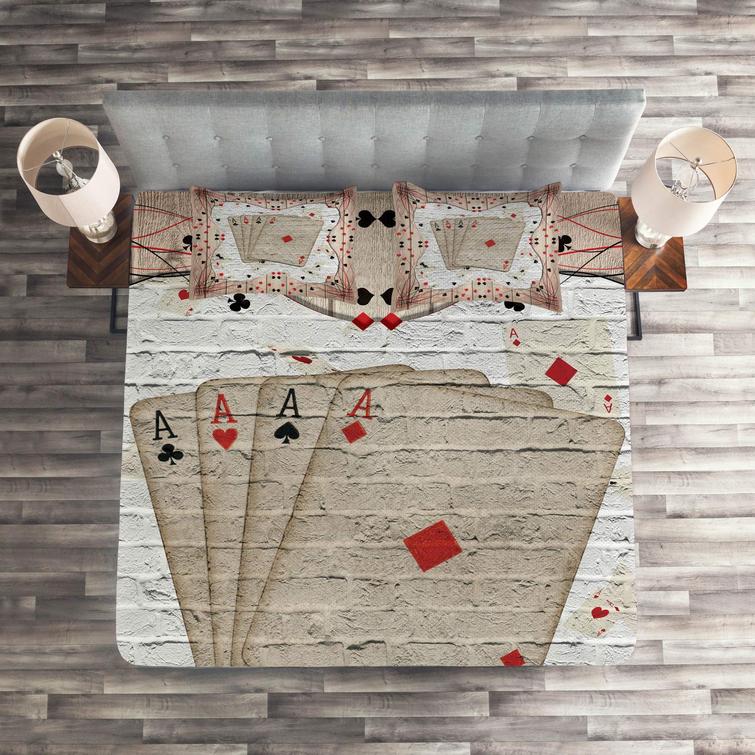 Ambesonne Casino Themed Quilted Bedspread Set - King Size 3-Piece Coverlet with 2 Pillow Shams, Lucky Gambling Cards Design on Grunge Wooden & Brick Background in Vermilion Charcoal Grey | Perfect for Casino Night Decor, Themed Bedrooms & Gift for Poker Lovers