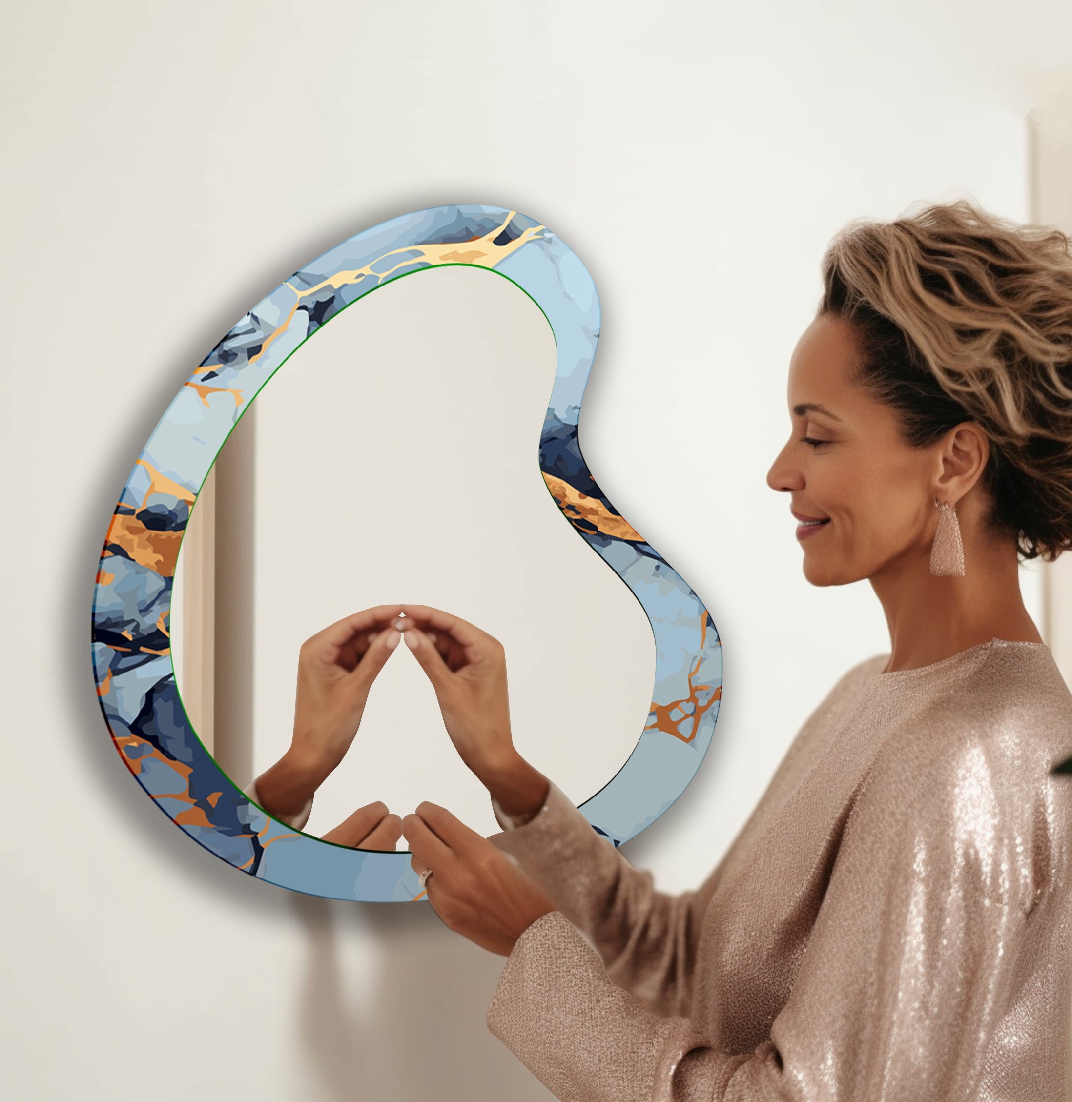 Blue Marble Irregular Decorative Wall Mirror - Modern Abstract Bathroom & Living Room Accent Piece for Home Decor