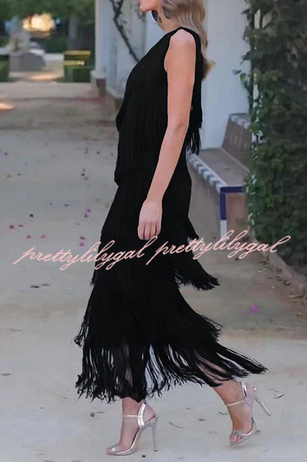 Elegant Fringed One Shoulder Asymmetric Midi Dress for Women - Boho Chic Party, Cocktail & Evening Wear - Perfect for Weddings, Date Nights & Special Occasions