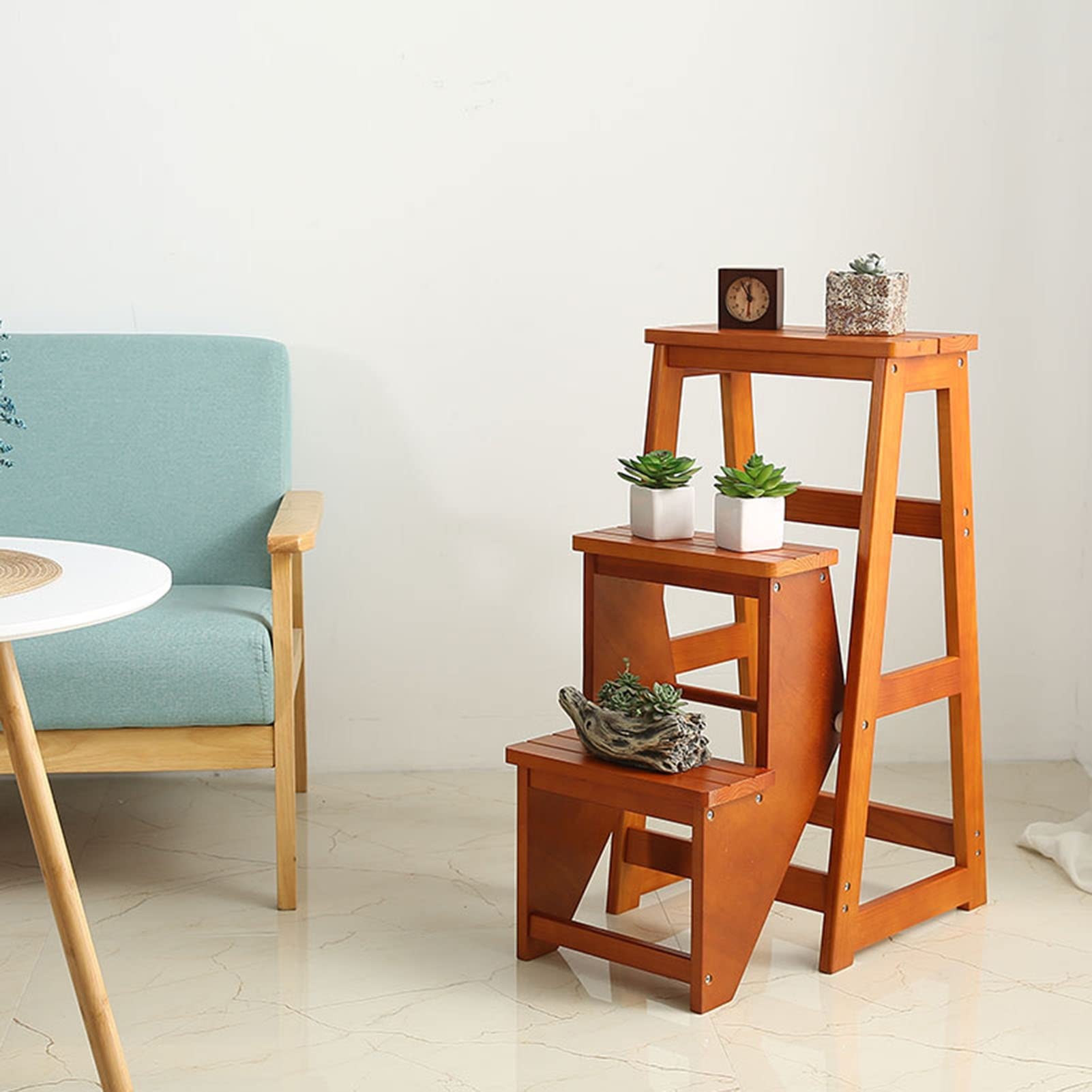 KAZUP 3-Step Folding Wooden Step Stool - Non-Slip Kitchen Ladder Stool with Safety Lock, Multi-Functional Step Stool for Home, Office, Bathroom, and Gardening (Supports Up to 300lbs) - Perfect for Reaching High Shelves, Changing Light Bulbs, and Plant Care