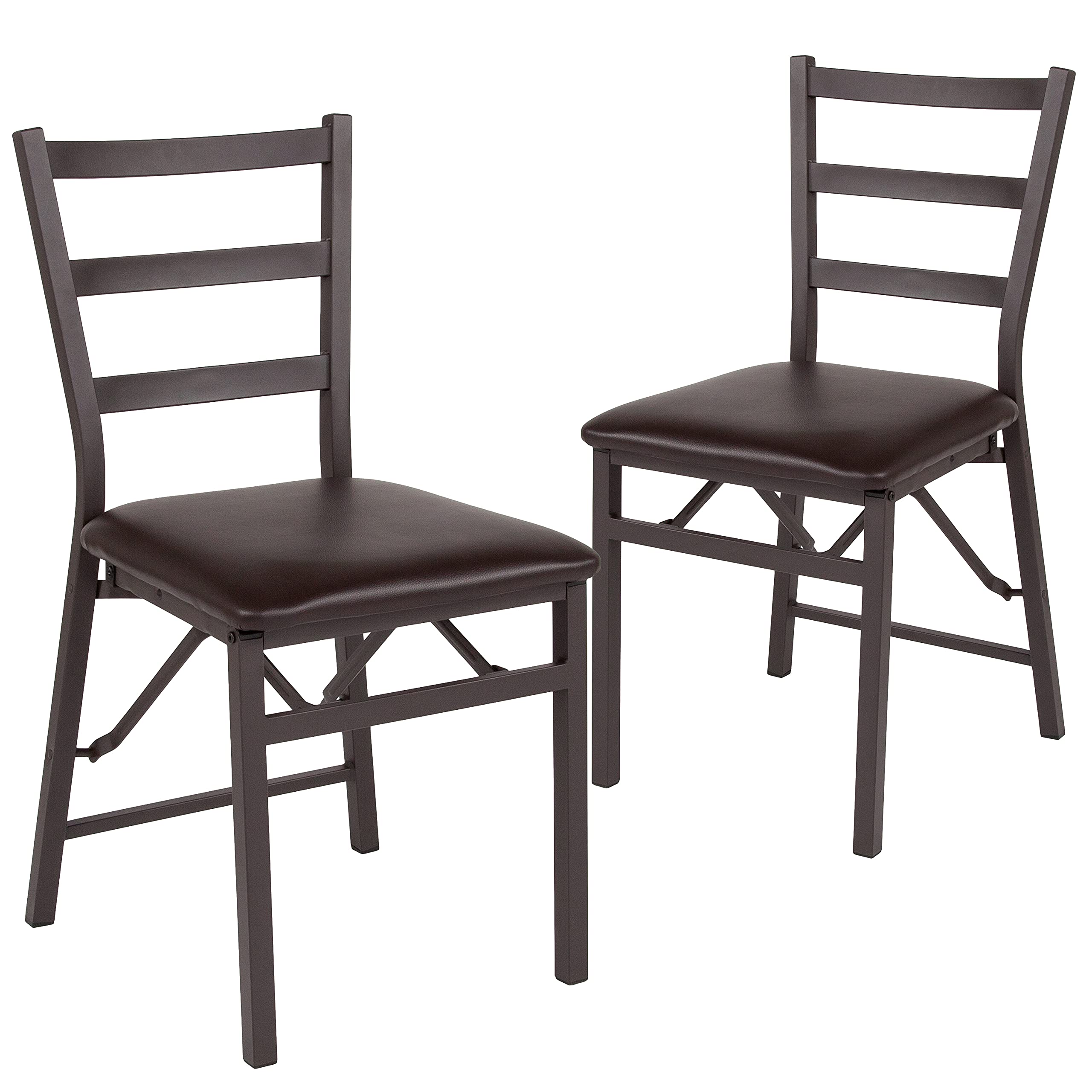 EMMA + OLIVER 2 Pack Metal Folding Chairs with Brown Vinyl Seat - Sturdy Ladder Back Design for Indoor/Outdoor Events, Parties, and Dining
