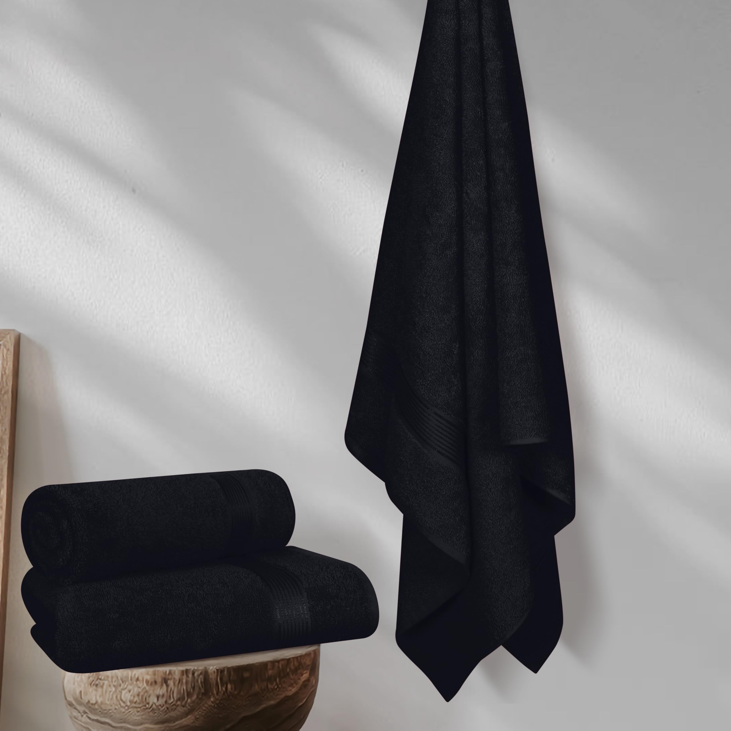 Belizzi Home 2-Pack Oversized Cotton Bath Towels 28x55 Inches - Ultra Absorbent, Quick Dry & Lightweight - Perfect for Gym, Travel, Camping, Pool & Spa - Black Luxury Bath Towel Set