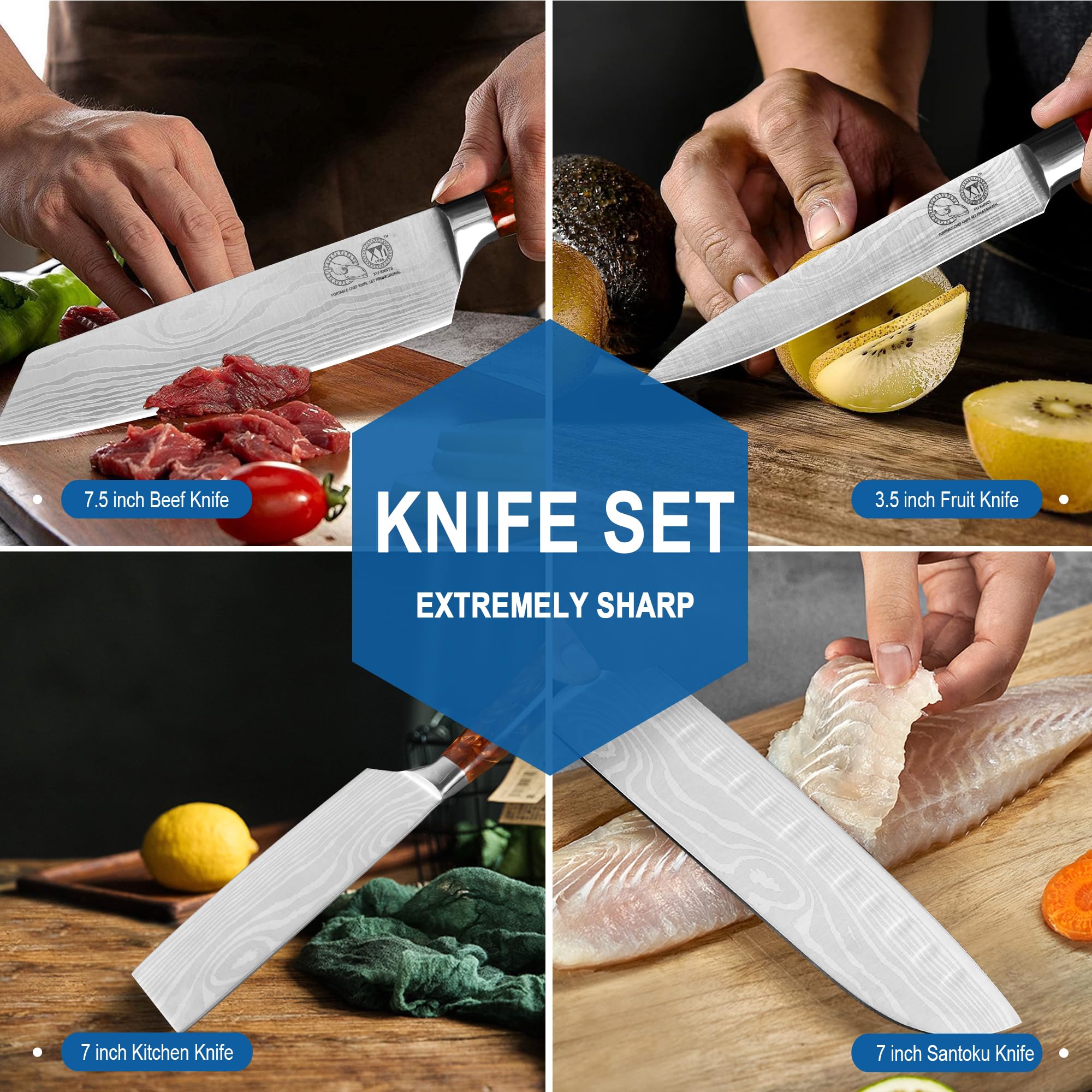 XYJ Professional 15-Piece Chef Knife Set with Storage Case - High Carbon Stainless Steel Kitchen Knives for Cooking, Slicing & Dicing - Includes Chef Knife, Utility Knife, Scissors & More - Perfect Gift for Home Chefs & Culinary Enthusiasts (Orange) - Ideal for Professional Kitchens, Home Cooking & BBQ Parties