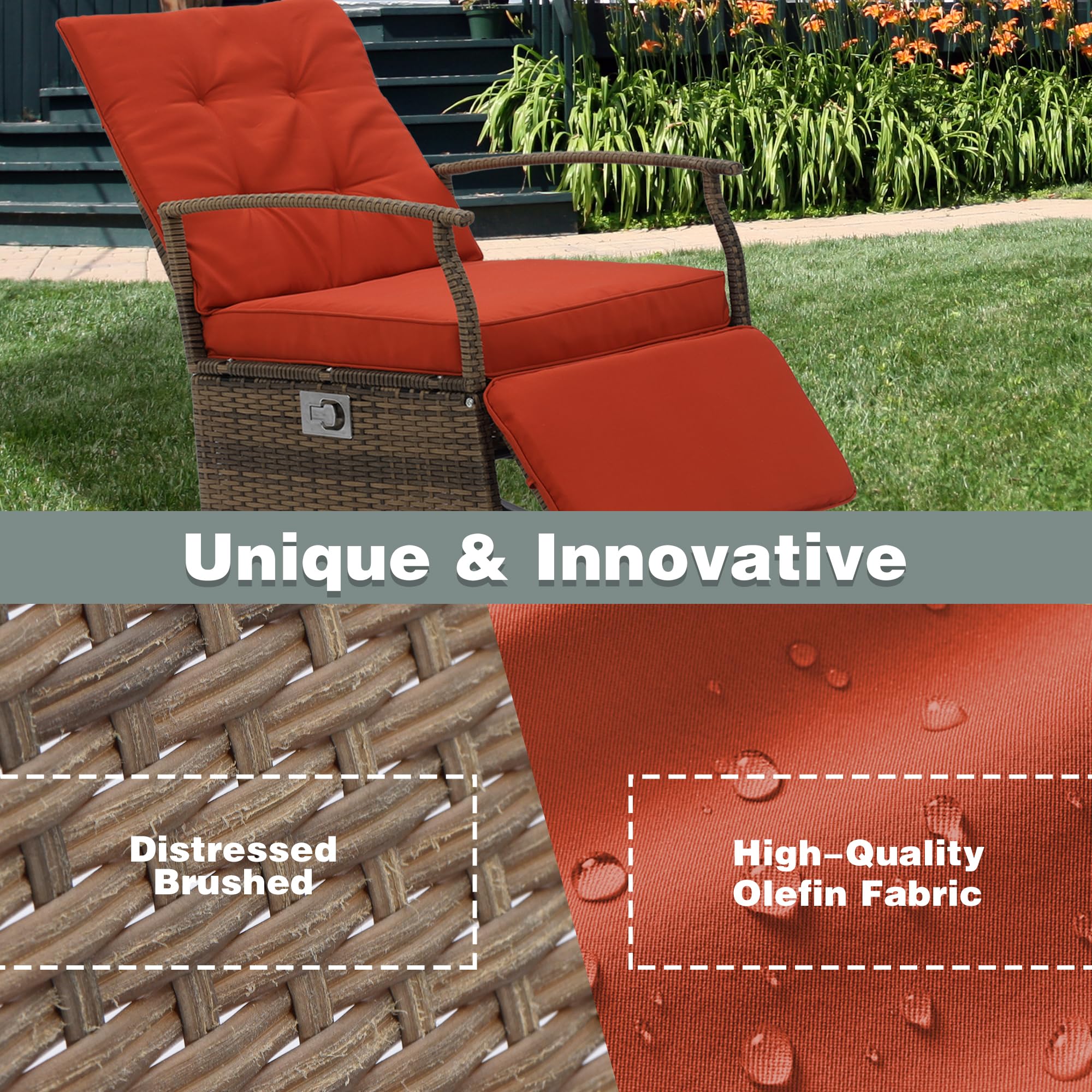 **Outdoor Rocking Chairs - Adjustable Rattan Recliner Chairs with Thick Cushions & Removable Glass Tabletop - PE Wicker Patio Furniture Set (Red) - Perfect for Backyard, Garden, Poolside & Balcony Relaxation**