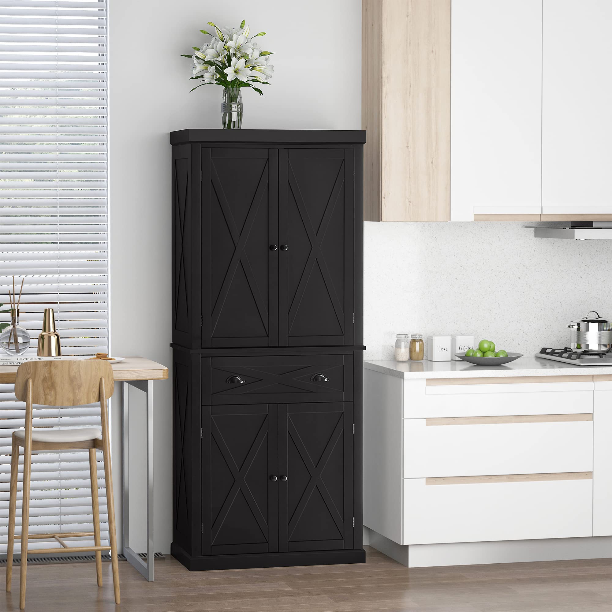 HOMCOM 72 Inch Freestanding Kitchen Pantry Cabinet with 4 Doors, 3 Adjustable Shelves & Large Drawer - Black X-Frame Storage Cupboard for Dining Room, Kitchen Organization & Home Decor