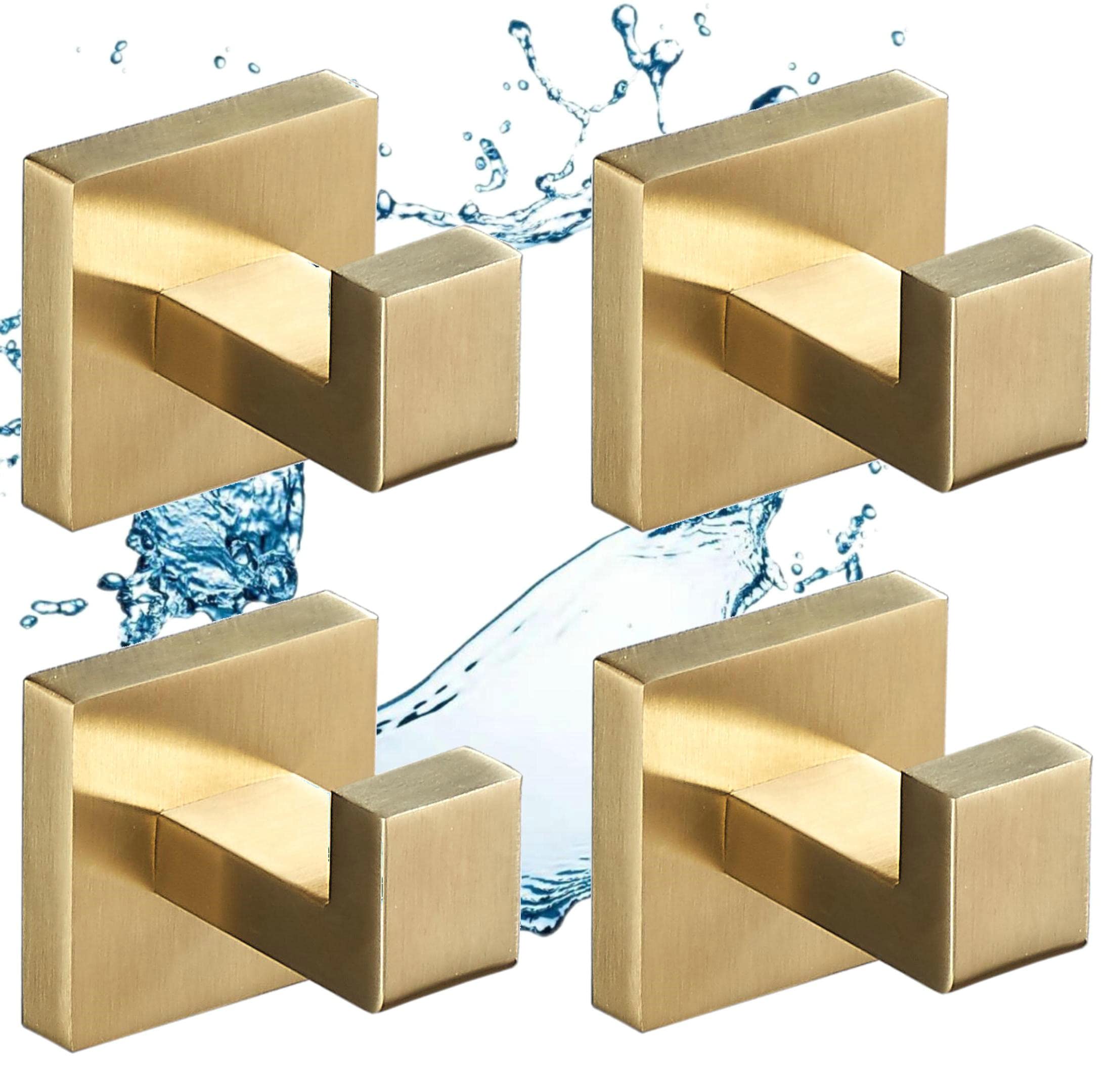 SHUNLI Brushed Gold Bathroom Towel Hooks - 4 Pack Heavy Duty Wall Hooks for Towels, Robes & Coats - Modern Square SUS304 Stainless Steel Design - Perfect for Bathroom, Kitchen, Laundry Room & Entryway Organization
