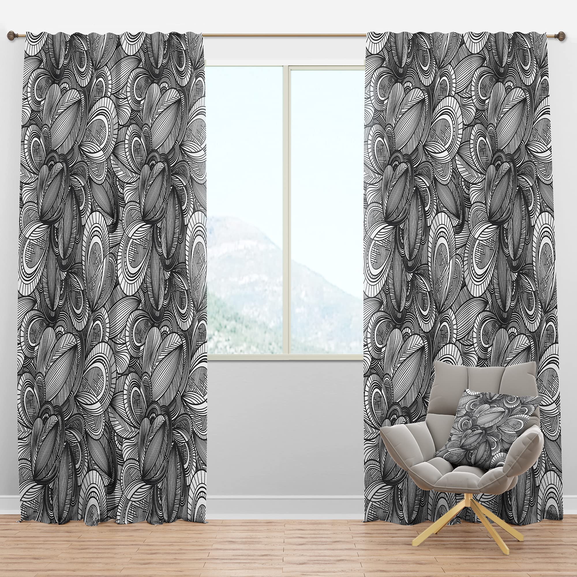 DesignQ Blackout Curtains 'Geometric Leaves in Black and White' - Thermal Insulated Single Panel (52x90 inches) for Bedroom & Living Room - Noise Reducing & Energy Saving Window Drapes for Better Sleep & Privacy