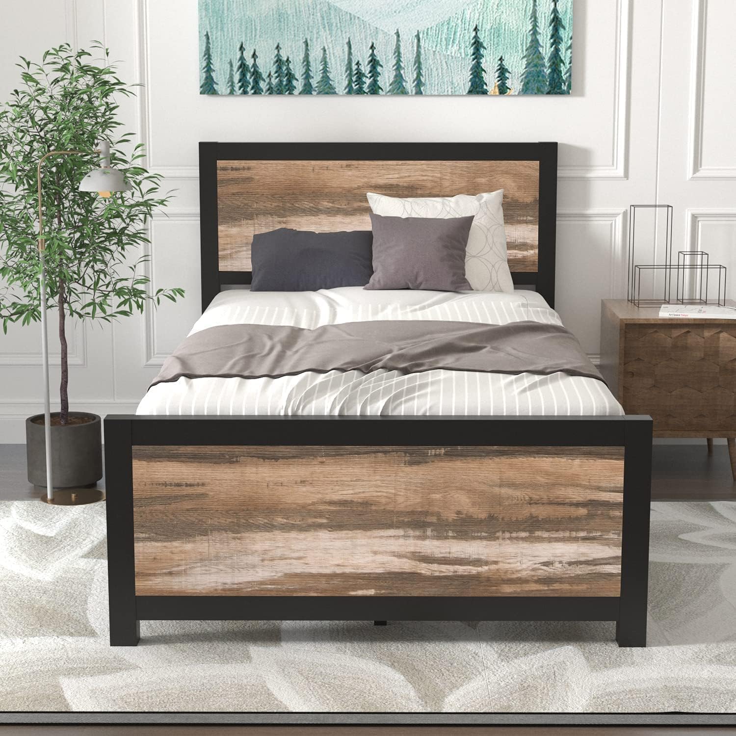 Catrimown Twin Bed Frame with Wood Headboard & Footboard - Heavy Duty Metal Frame, Noise-Free, No Box Spring Needed - Easy Assembly for Kids Room, Guest Bedroom & Dorm