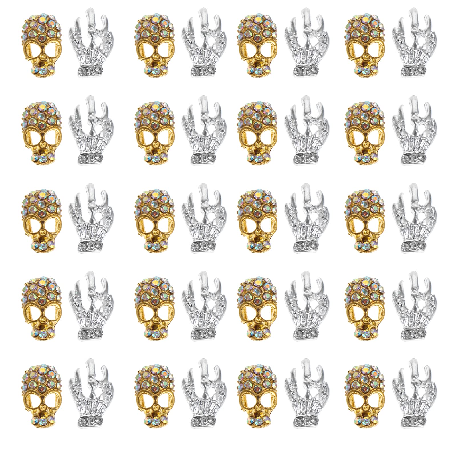 40PCS Nail Art Stickers - Skull Head Alloy Jewelry Nail Decor with Diamonds | Manicure Tips & Charms for Nails & Cellphone | Perfect for Halloween, Gothic Style & DIY Nail Art